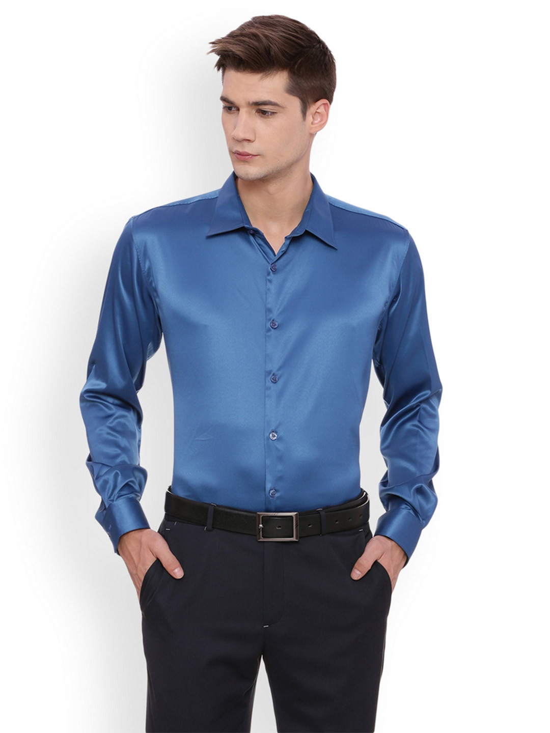 Basics Men Blue Slim Fit Solid Formal Shirt