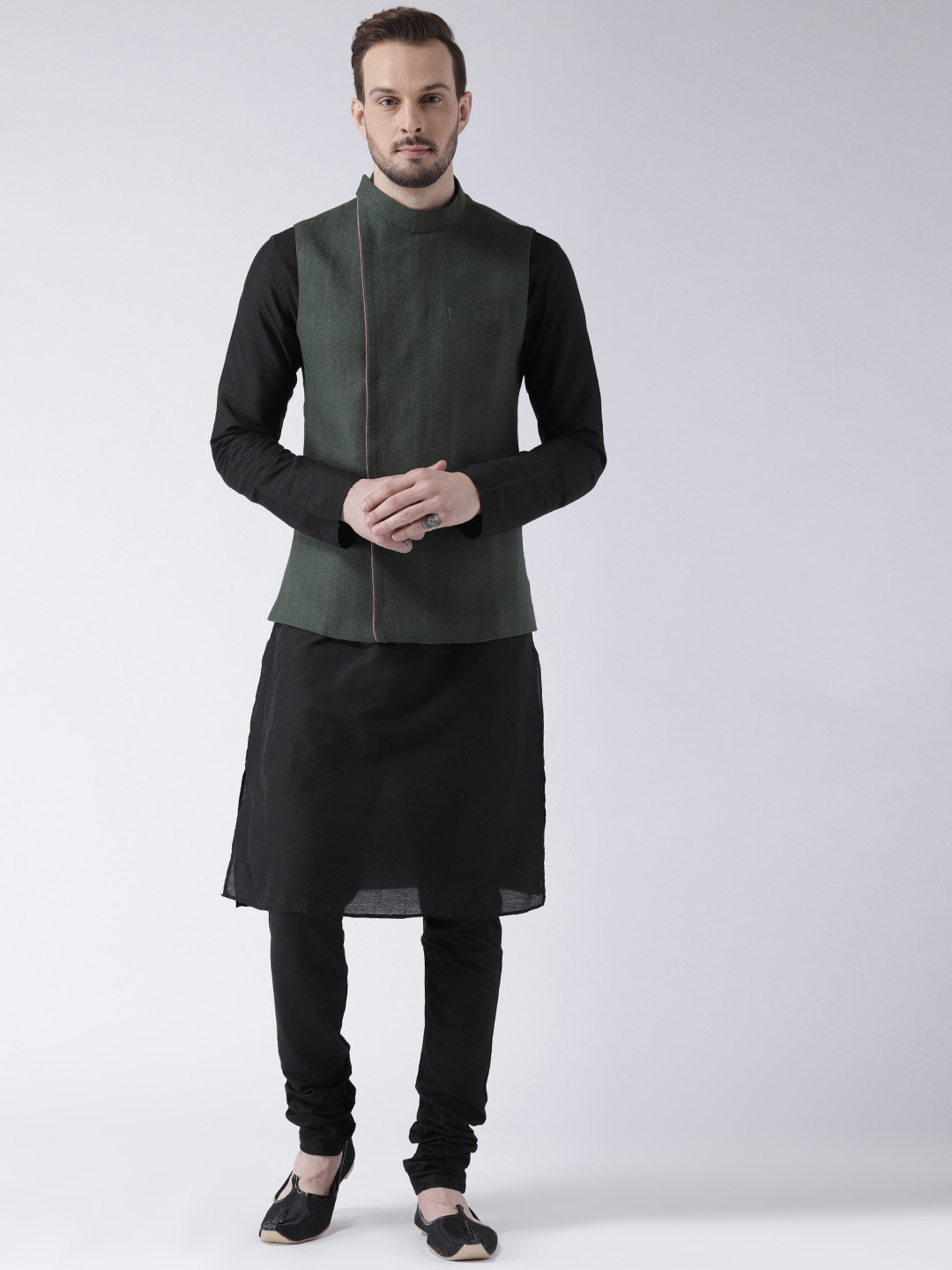 KISAH Men Black & Green Solid Banarasi Kurta with Churidar & Nehru Jacket