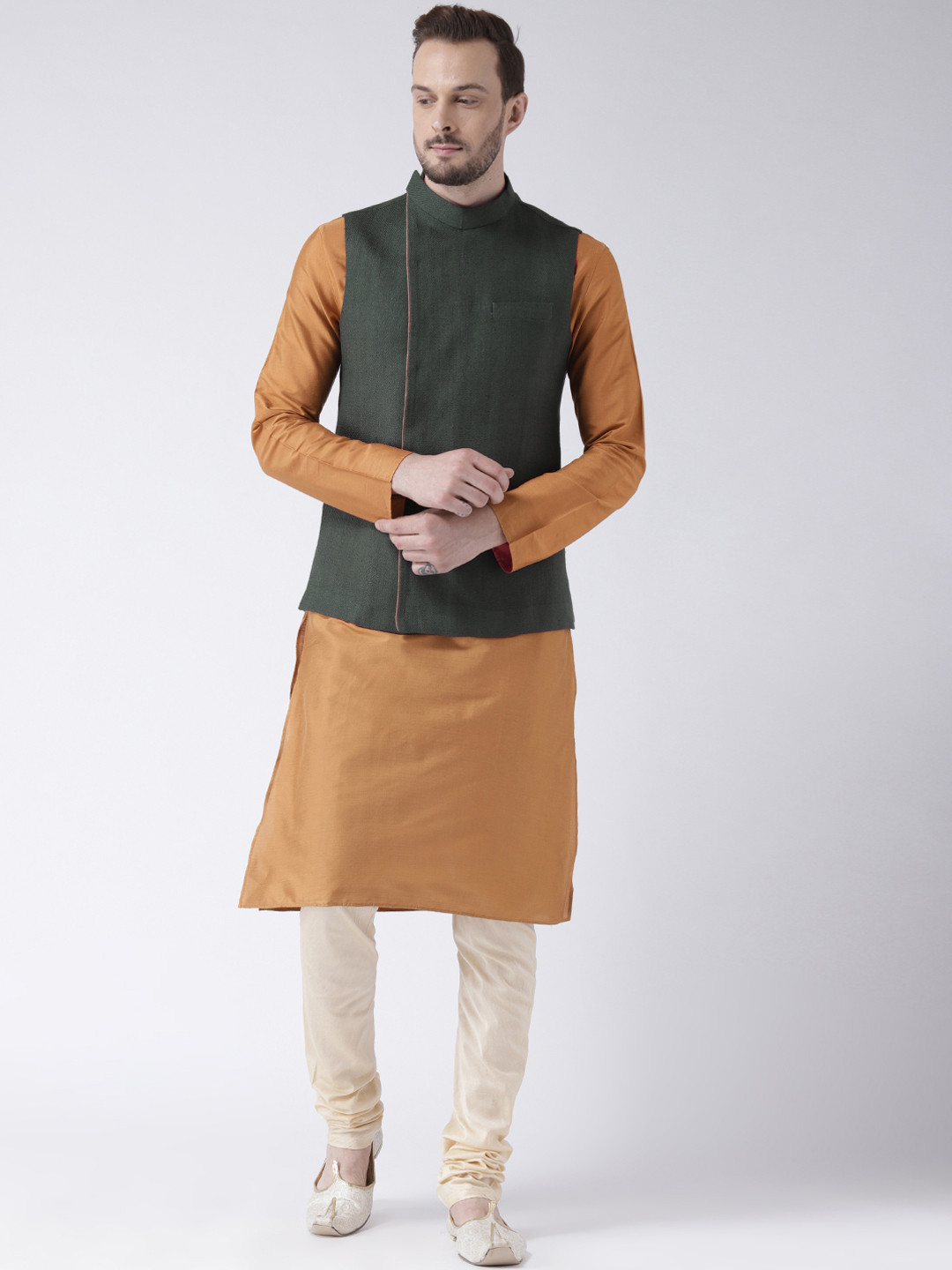 KISAH Men Rust Orange & Olive Green Solid Banarasi Kurta with Churidar & Nehru Jacket