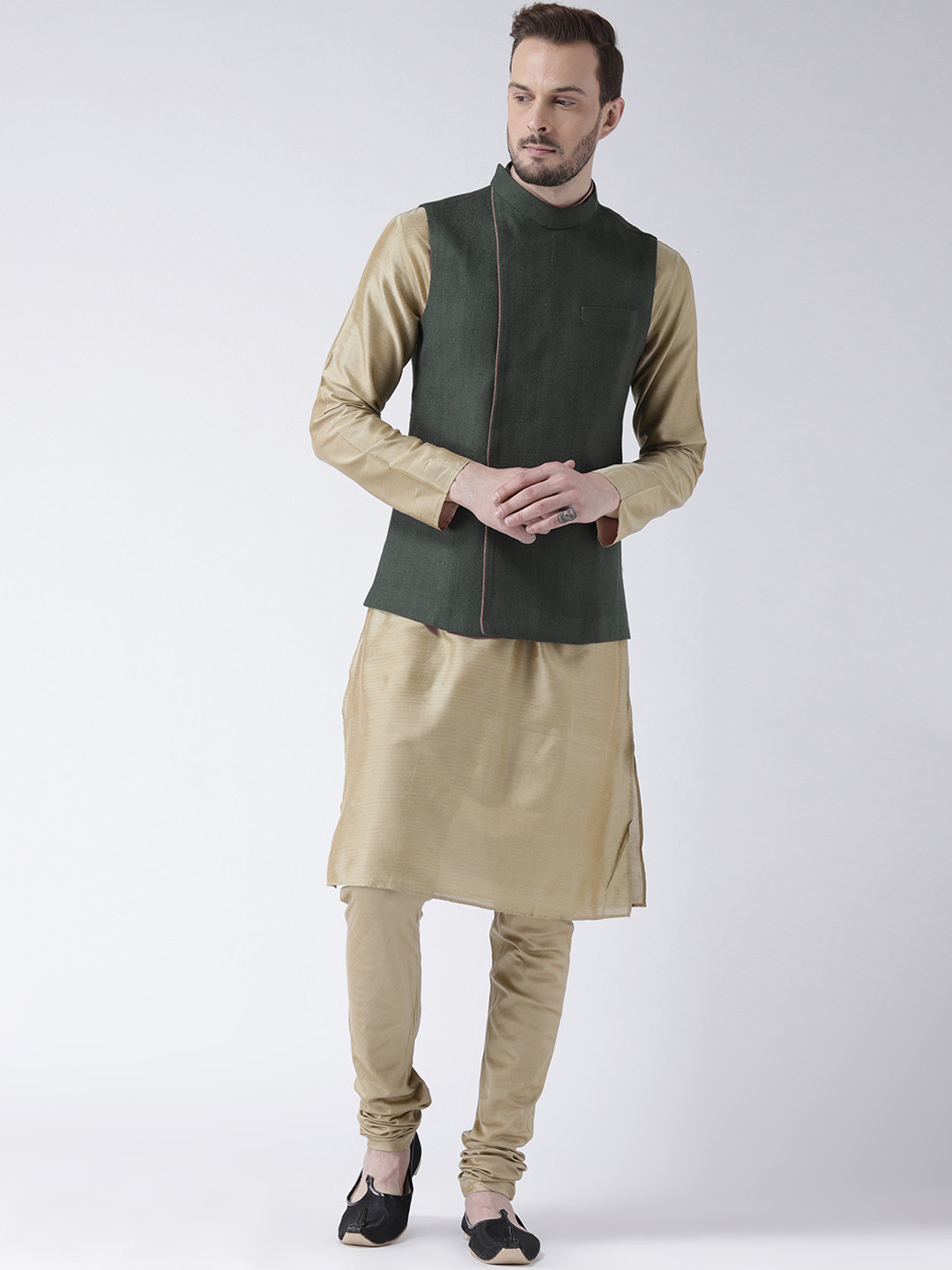 KISAH Men Beige & Olive Green Solid Banarasi Kurta with Churidar & Nehru Jacket