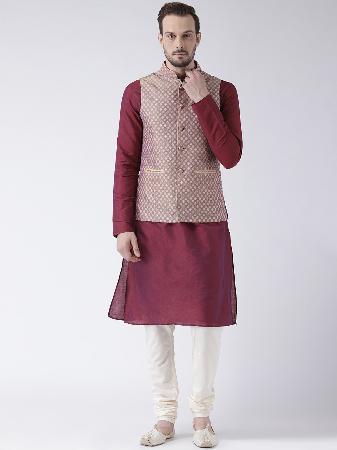 KISAH Men Magenta & Mauve Solid Banarasi Kurta with Churidar & Nehru Jacket