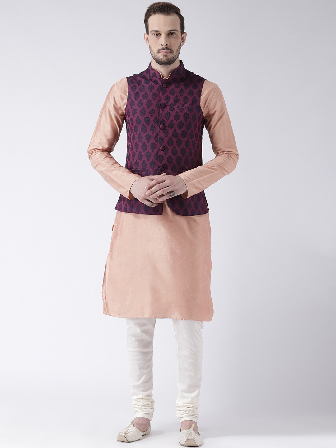 KISAH Men Peach & Purple Solid Banarasi Kurta with Churidar & Nehru Jacket