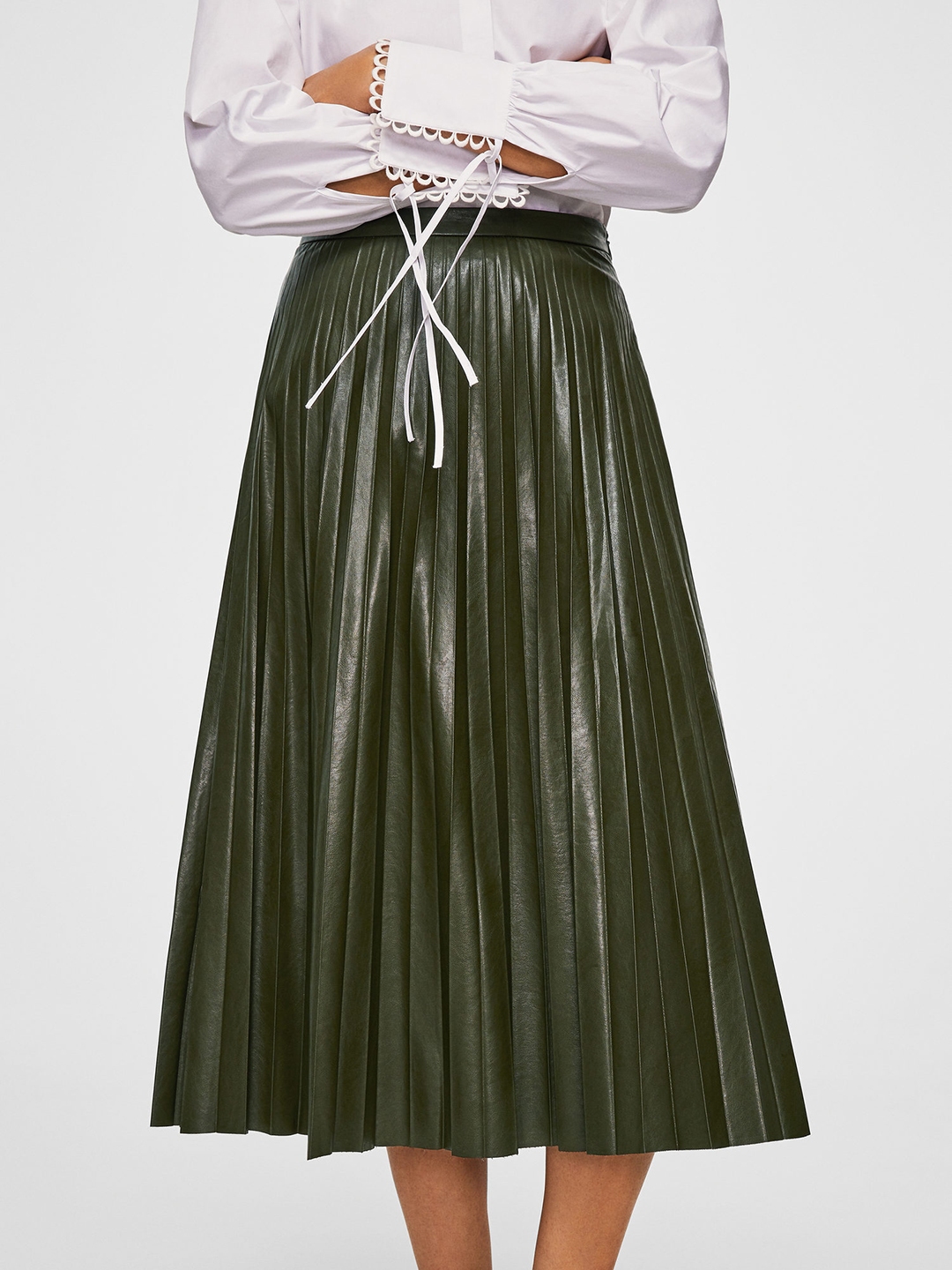 Green faux clearance leather pleated skirt