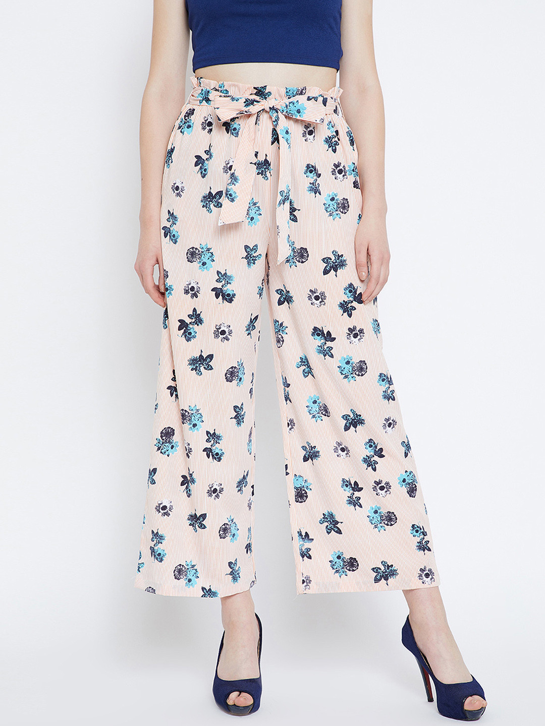 Zastraa Pink Printed High Waist Palazzos