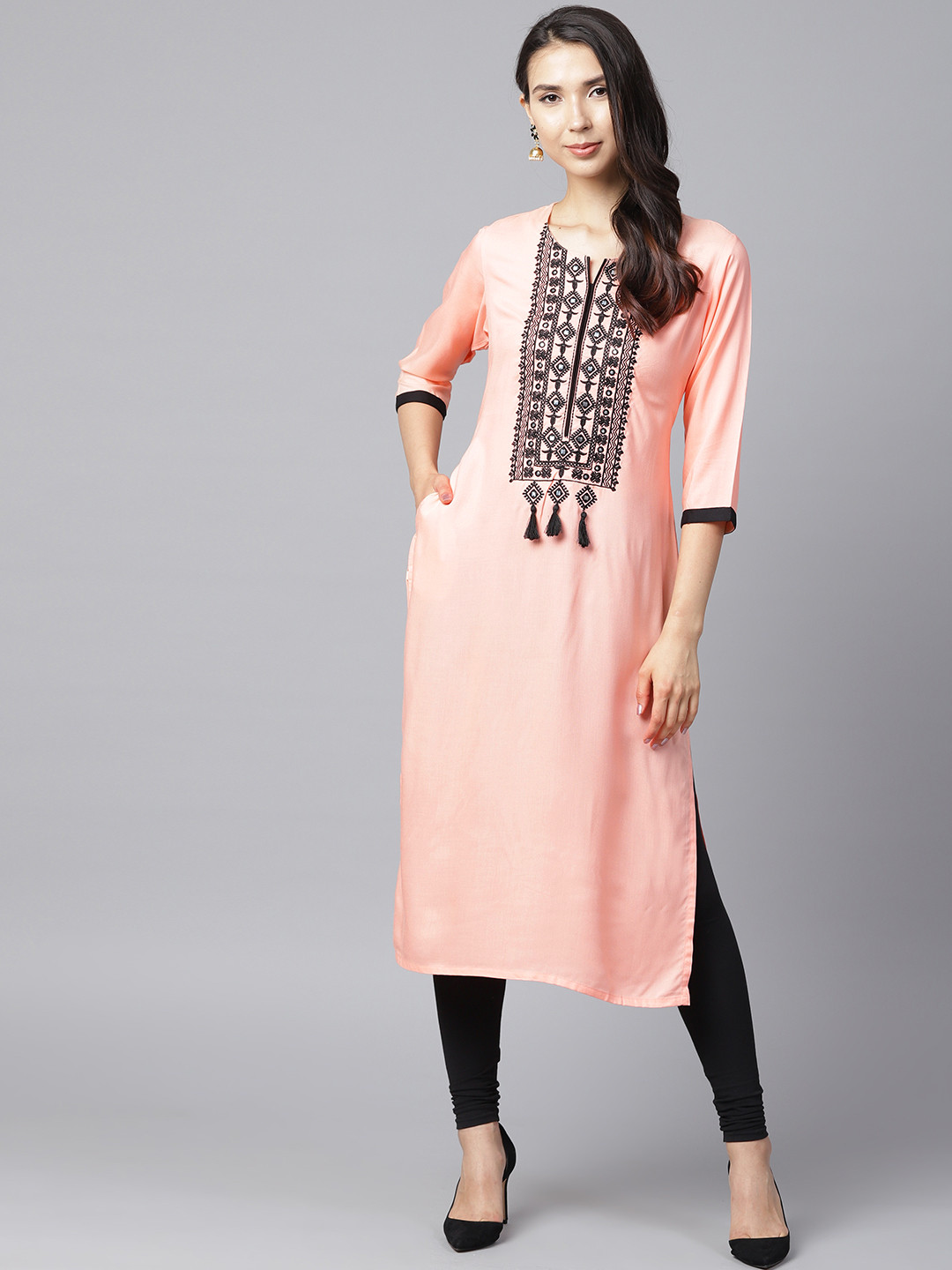 Shree Women Peach-Coloured Yoke Design Straight Kurta