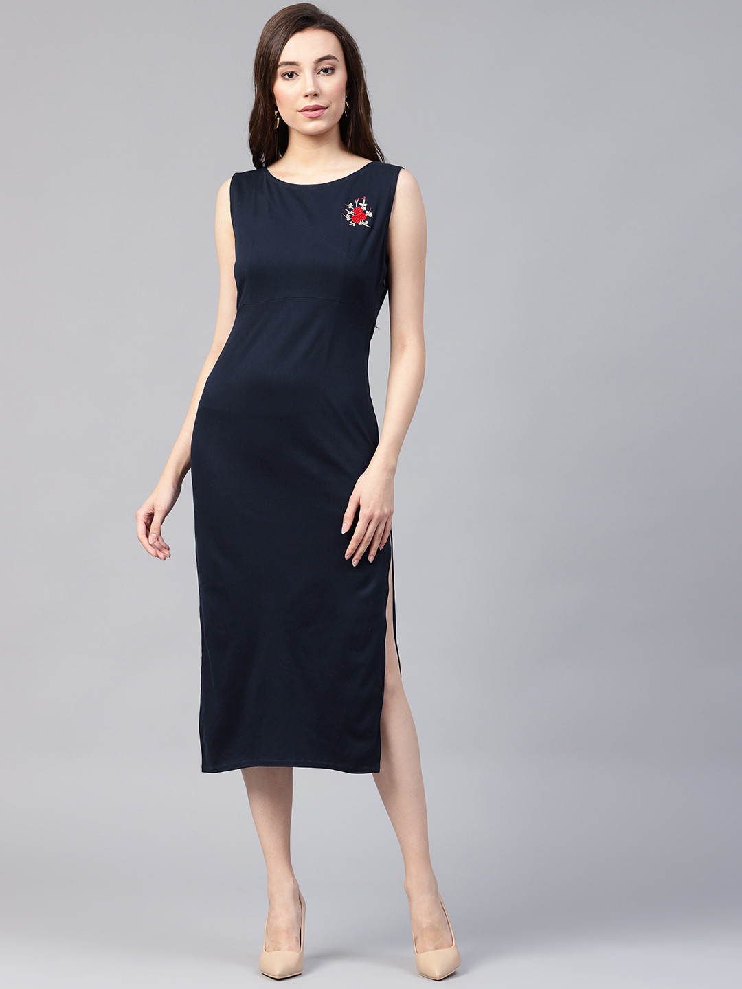 Zima Leto Women Navy Blue Solid Midi Sheath Dress