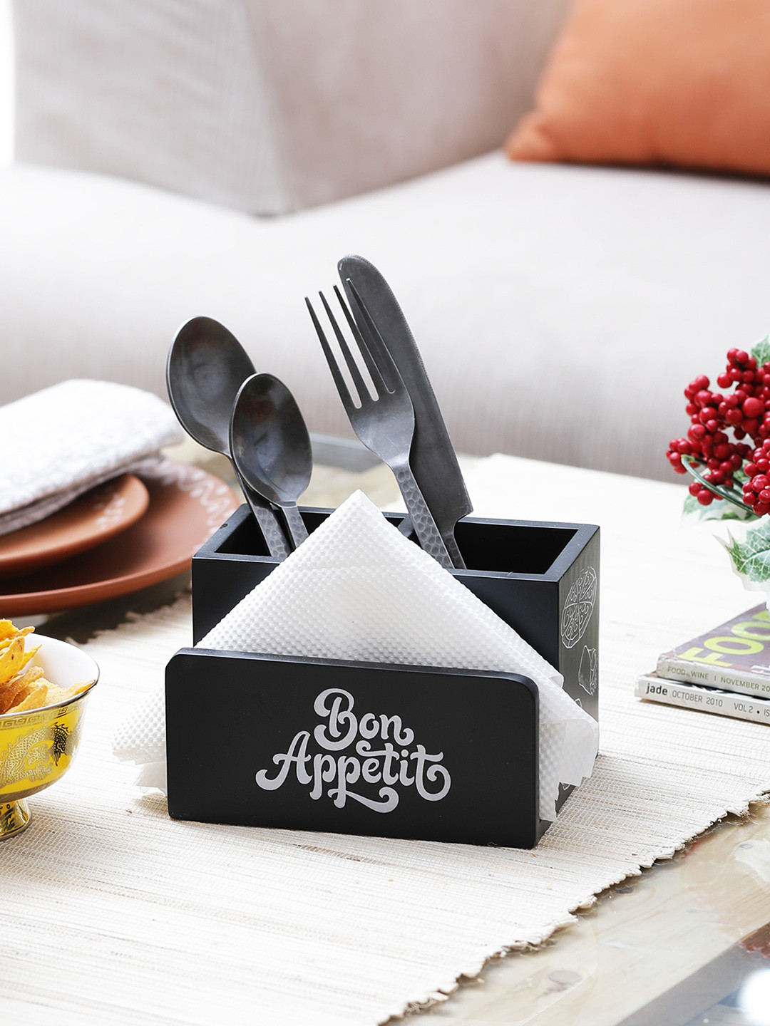EK DO DHAI Black Bon Appetit Hand Painted Wood Cutlery And Tissue Holder