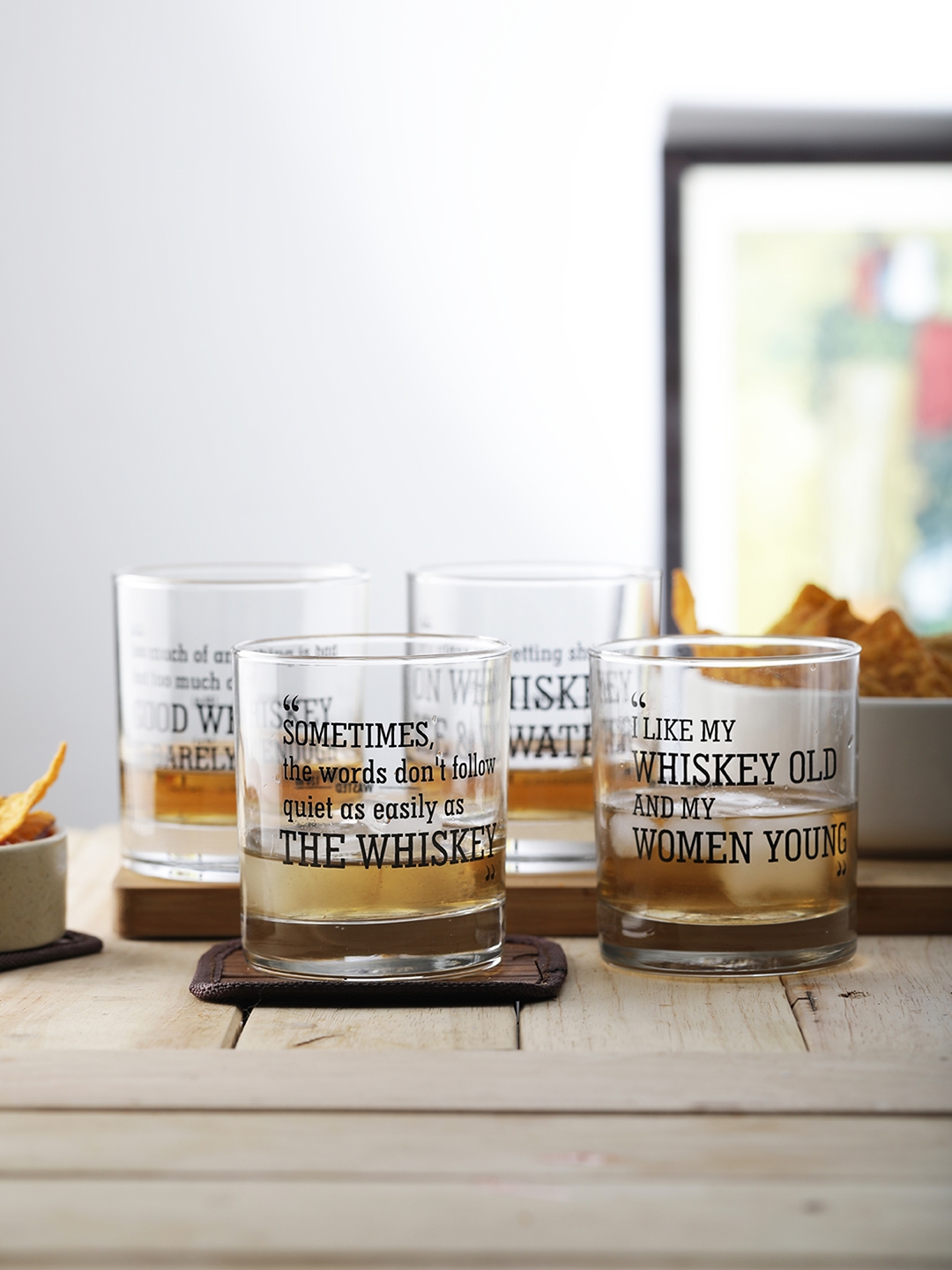EK DO DHAI Set of 4 Printed Whiskey Glasses