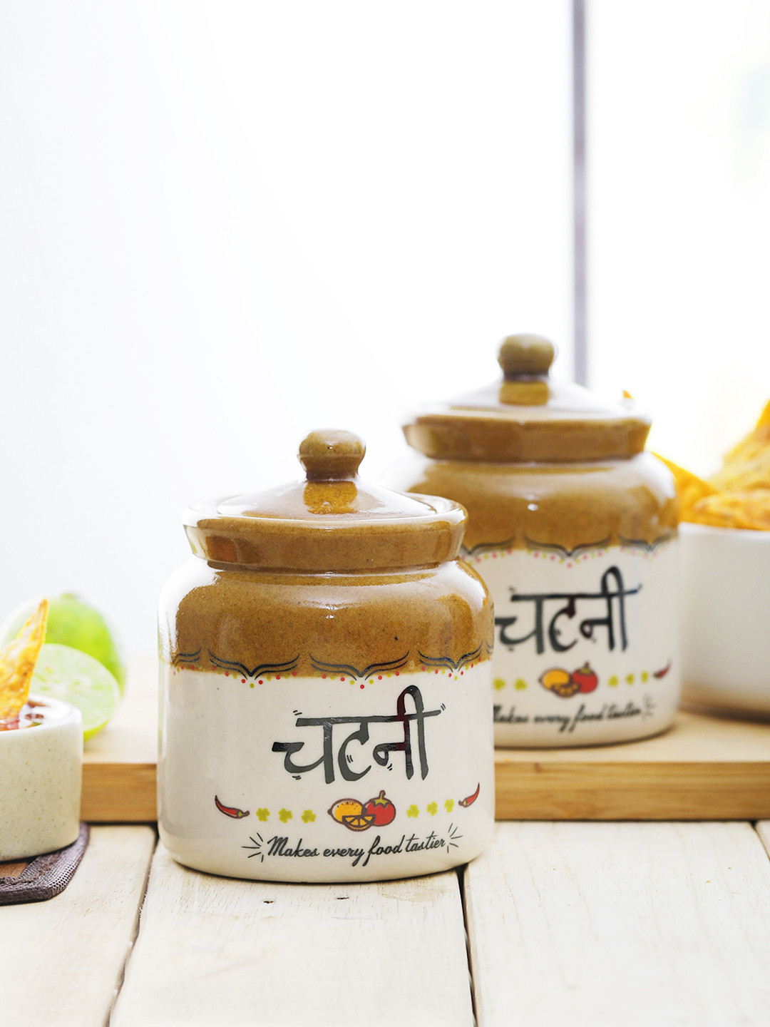 Ek Do Dhai off White Typography Stoneware Dishwasher Safe 2 Piece Screw Top Jar-300ml