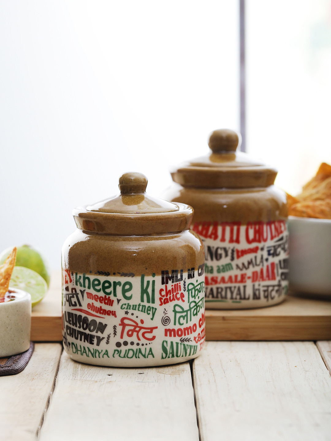 Ek Do Dhai off White Typography Stoneware Dishwasher Safe 2 Piece Screw Top Jar-300ml