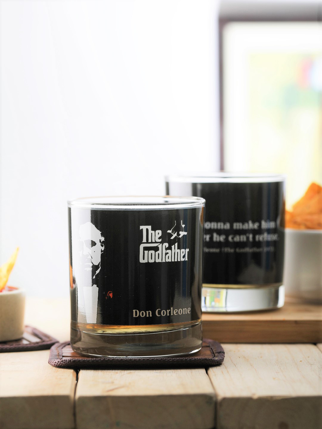 EK DO DHAI Set of 2 Black Godfather Print Whiskey Glasses