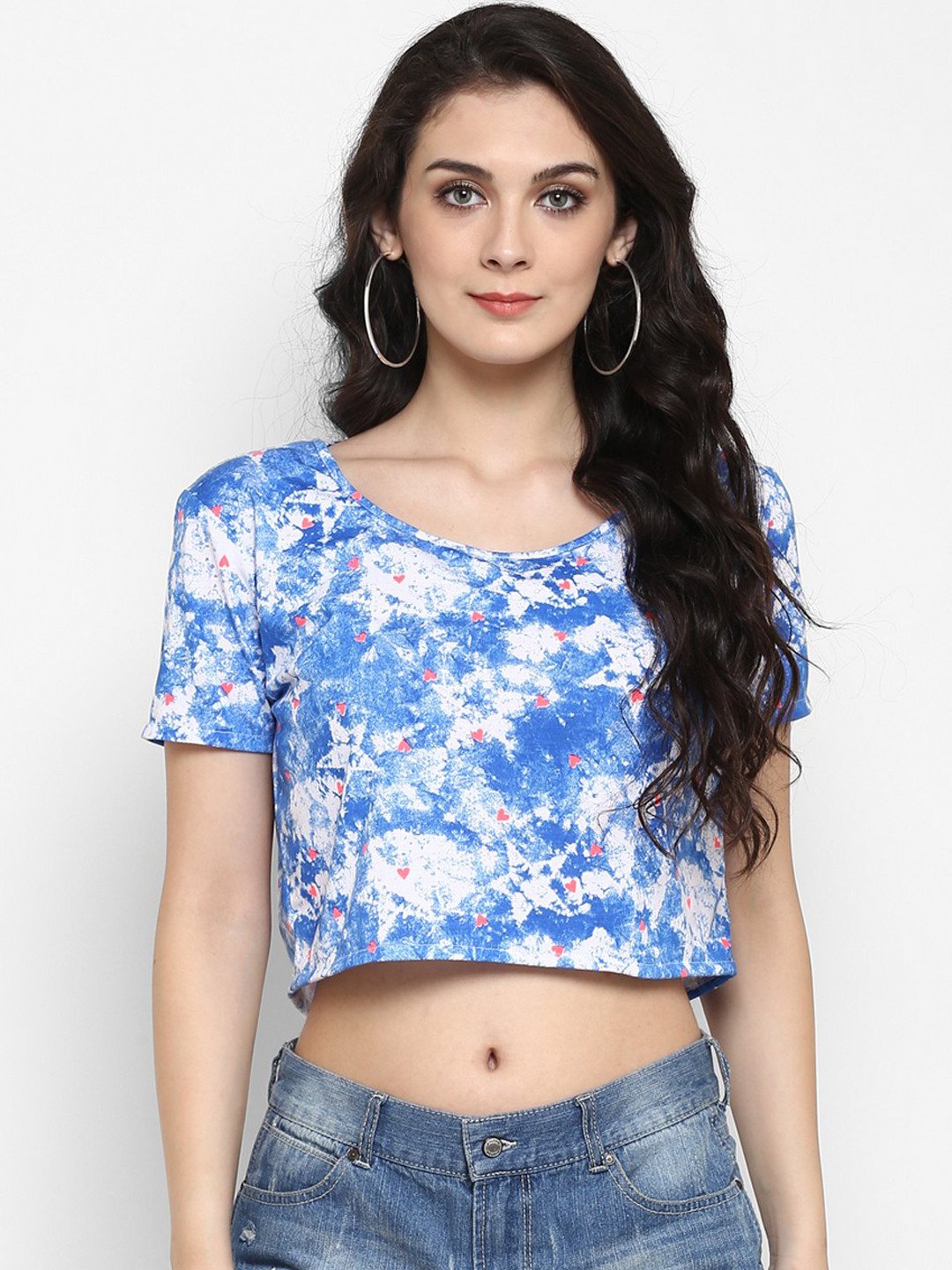 Zima Leto Women Blue Printed Boxy Crop Top