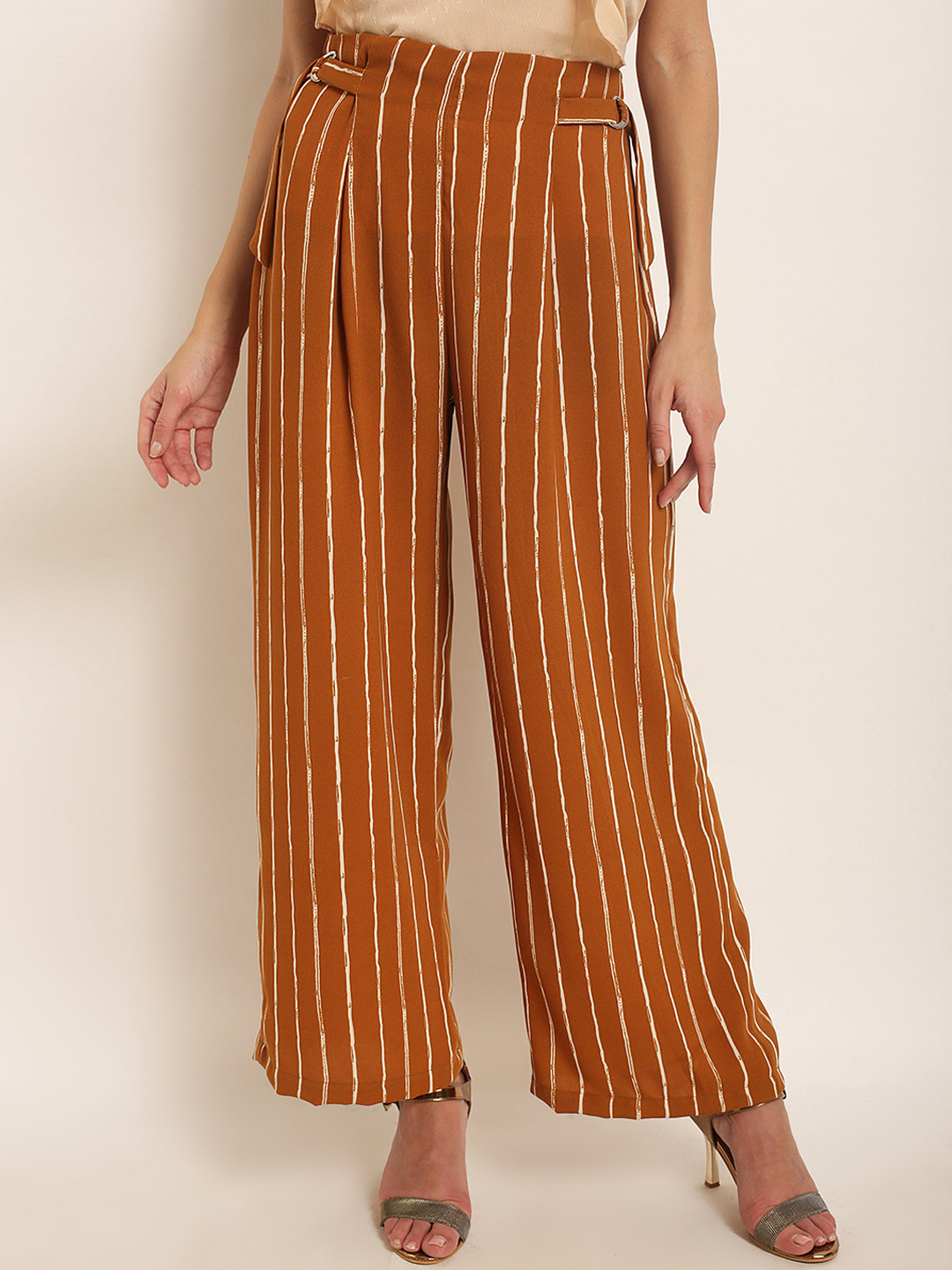 Marie Claire Women Brown Loose Fit Striped Wide Leg Trousers