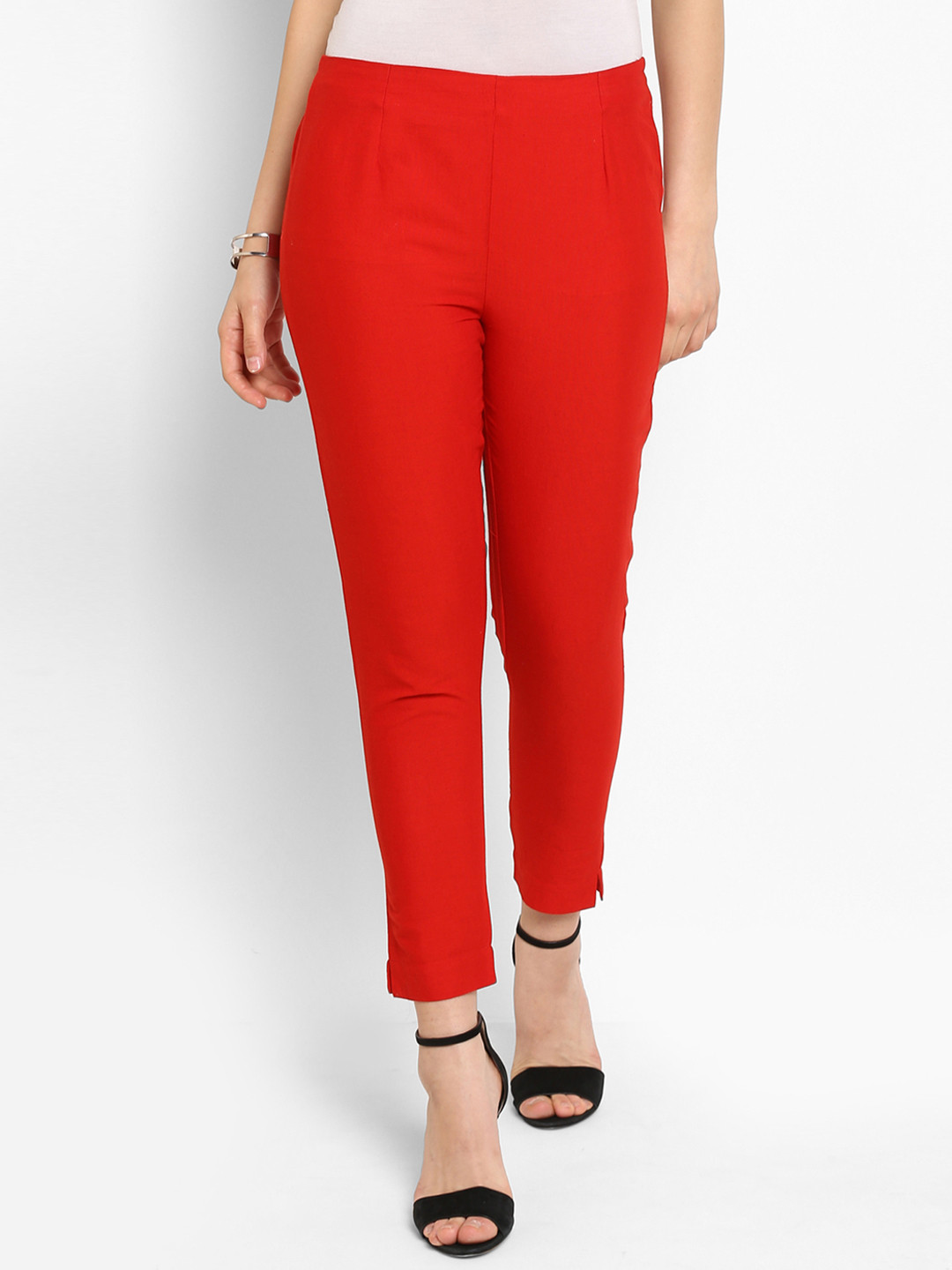 Juniper Women Red Smart Slim Fit Solid Cigarette Trousers