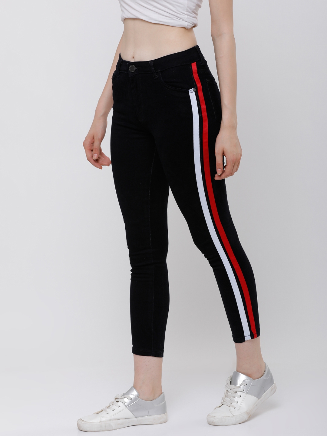 black jeans with stripe on side