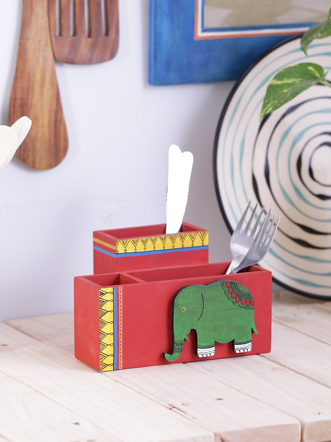 VarEesha Hand-Painted Red Wooden Divided Cutlery Holder