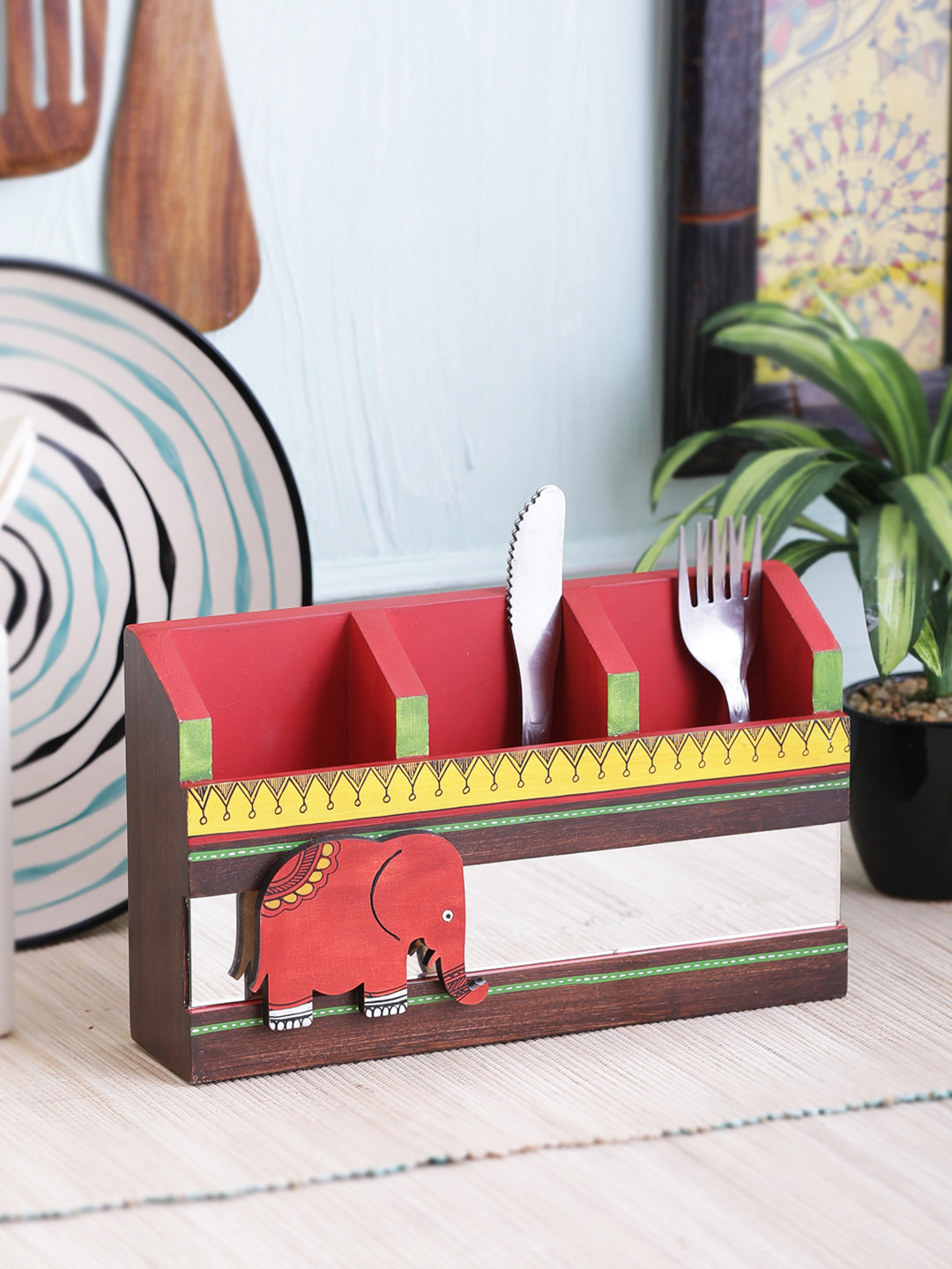 VarEesha Hand-Painted Red Elephant Divided Wall Mounting Cutlery & Remote Holder