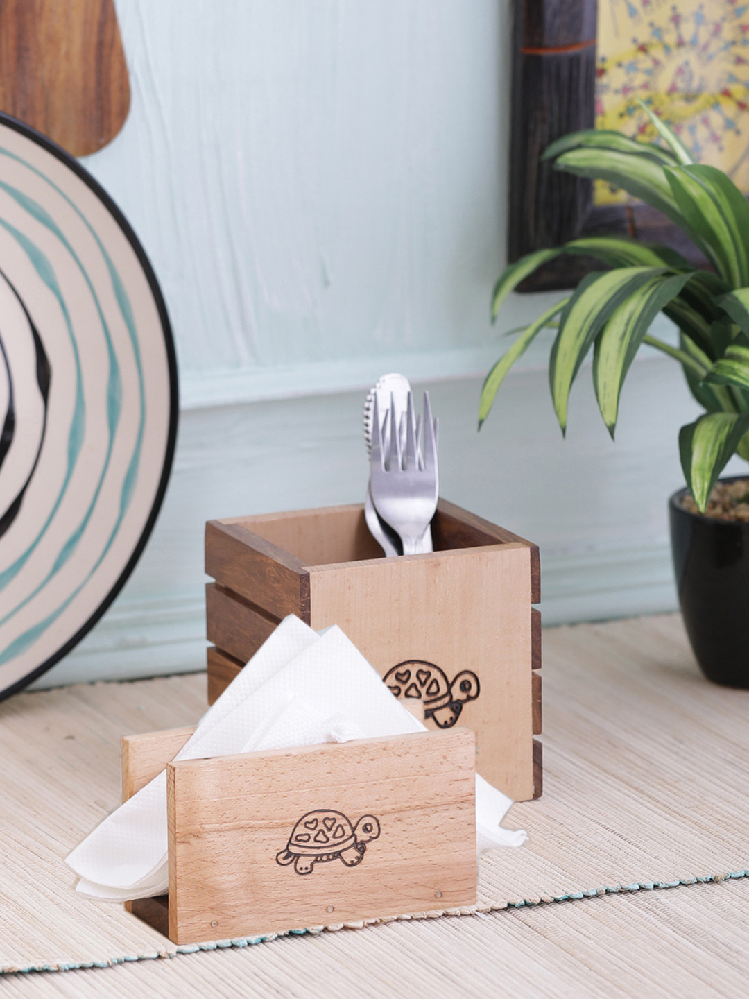 VarEesha Hand-Painted Set of 2 Tiny Turtle Dual Wood Cutlery & Tissue Holder