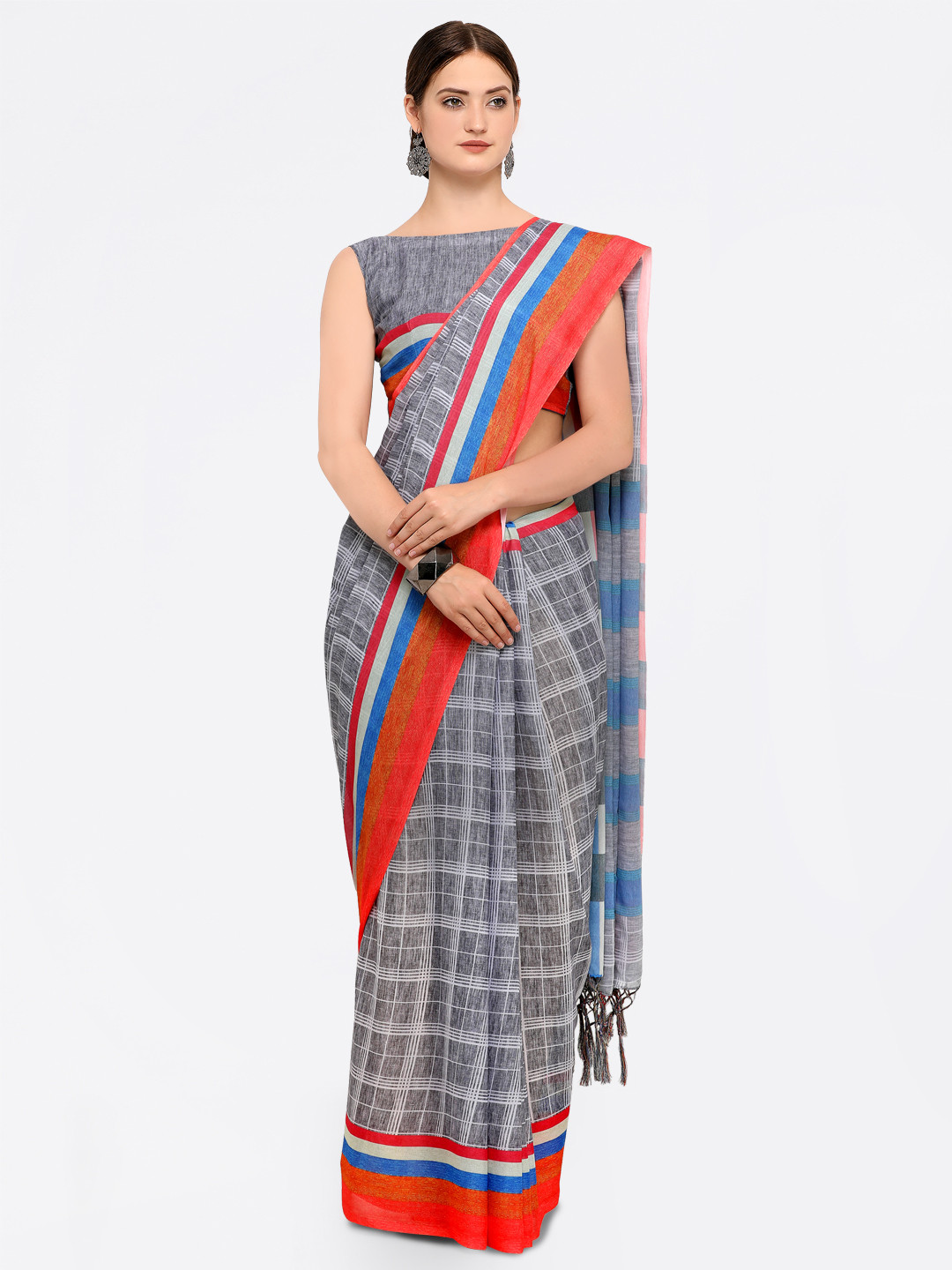 Saree mall Grey & Blue Silk Blend Checked Mangalagiri Saree