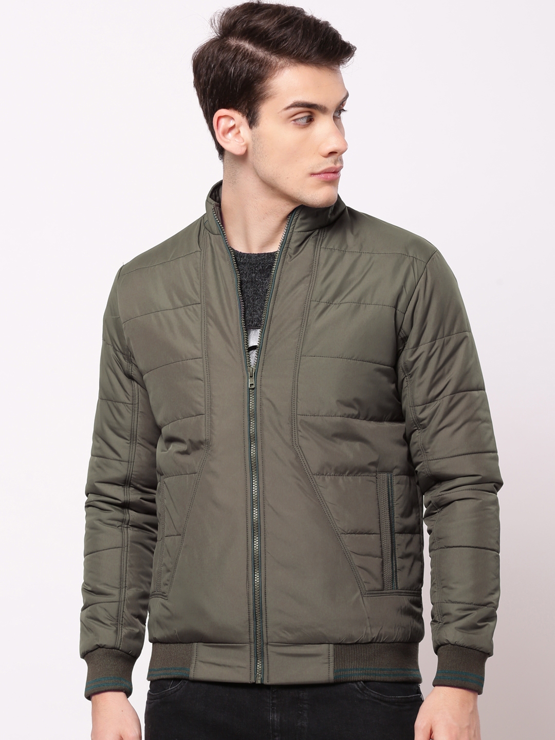 Men Olive Regular Fit Padded Solid Jacket