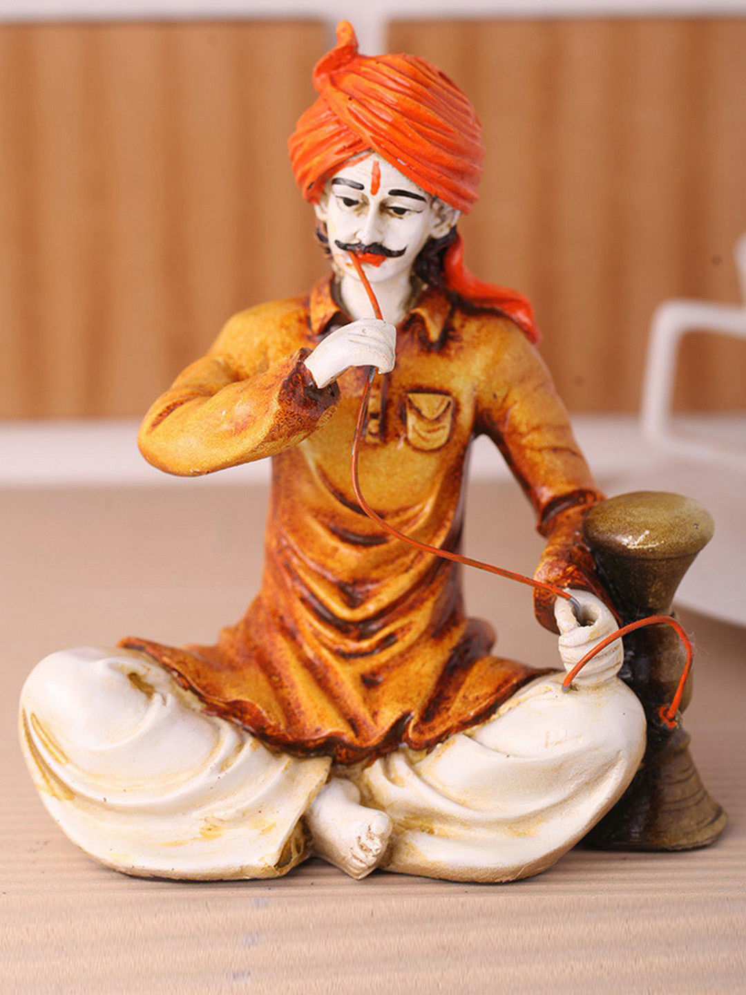 eCraftIndia Rajasthani Hookah Man Yellow Polyresin Matte Living Room Small Showpiece - 6 Inches