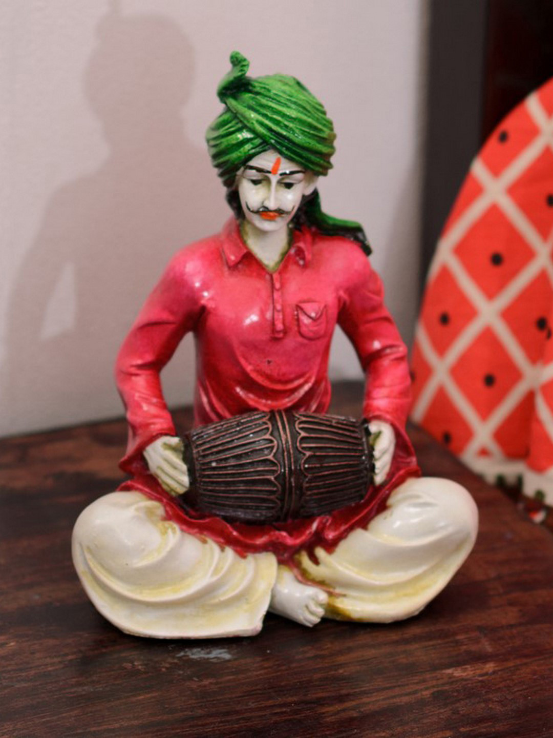 eCraftIndia Rajasthani Lady Playing Dholak Green Polyresin Natural Living Room Small Showpiece - 6 Inches