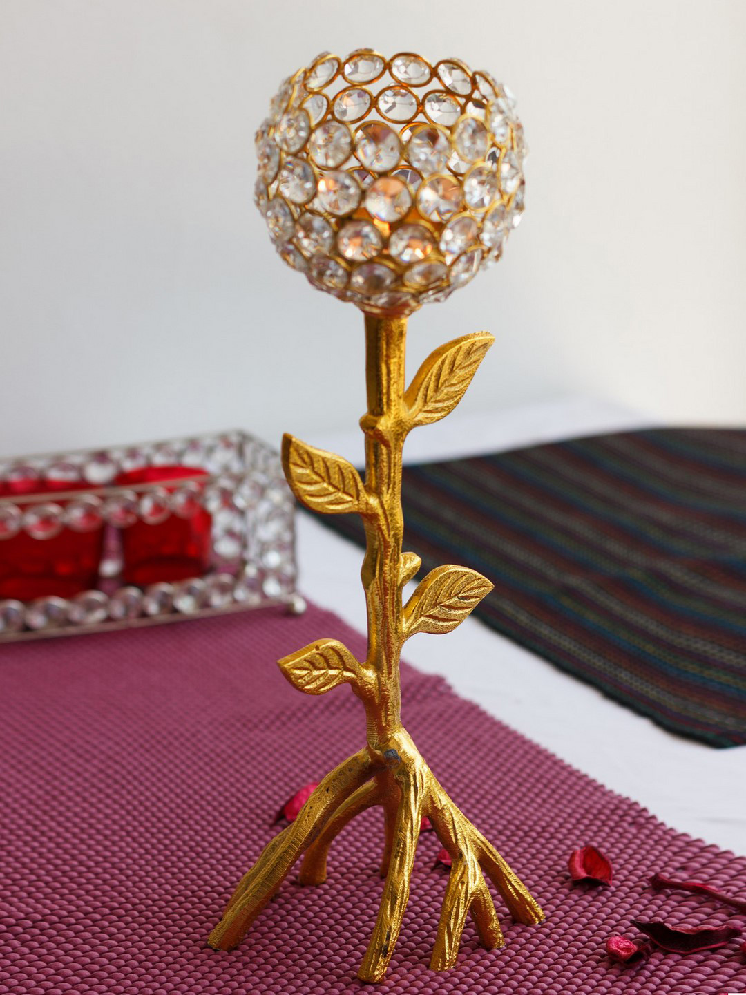 eCraftIndia Love Moments Tree Shape Tea Light Holder Gold Crystal Glossy Home Office Medium Showpiece - 13 Inches