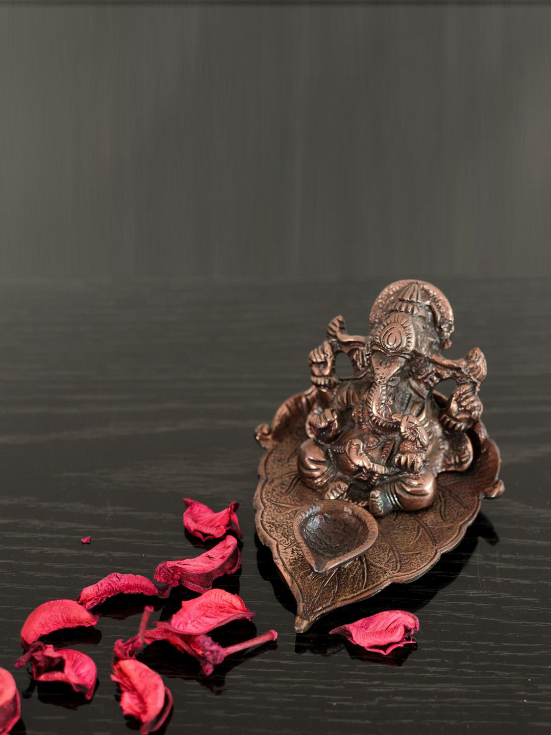 eCraftIndia Lord Ganesha with Diya on Leaf Copper Metal Metallic Prayer Room Tiny Showpiece - 3 Inches