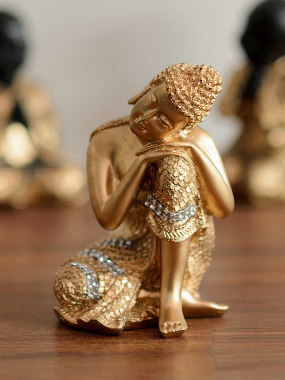 eCraftIndia Buddha on Knee Gold Polyresin Metallic Living Room Small Showpiece - 8 Inches