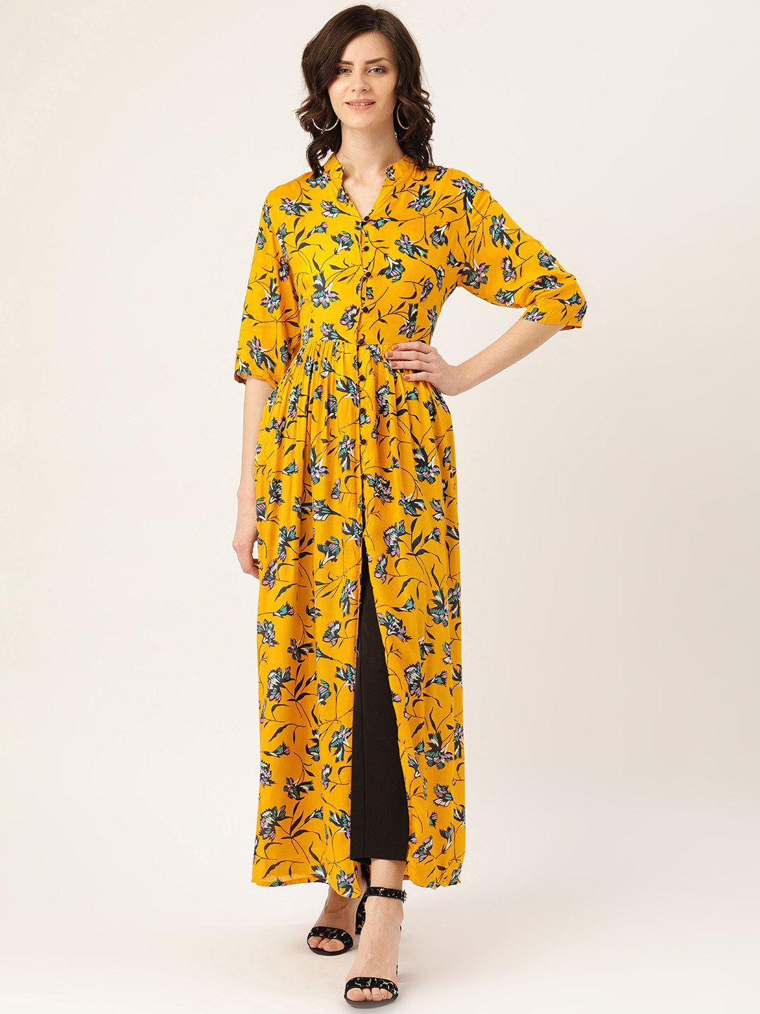 Sera Women Mustard Yellow & Navy Blue Floral Print Maxi Top