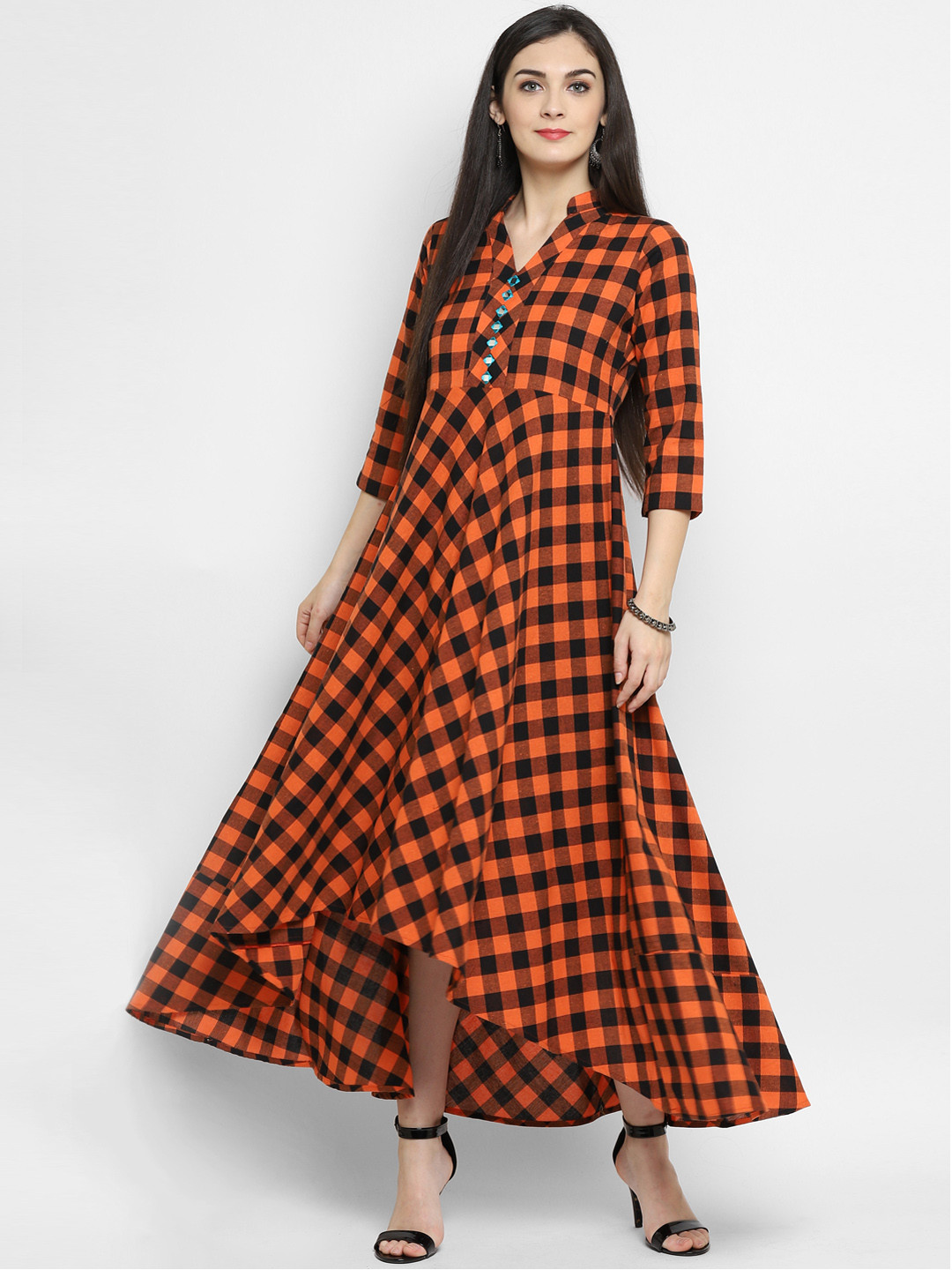 MBE Women Orange & Black Checked Maxi Dress