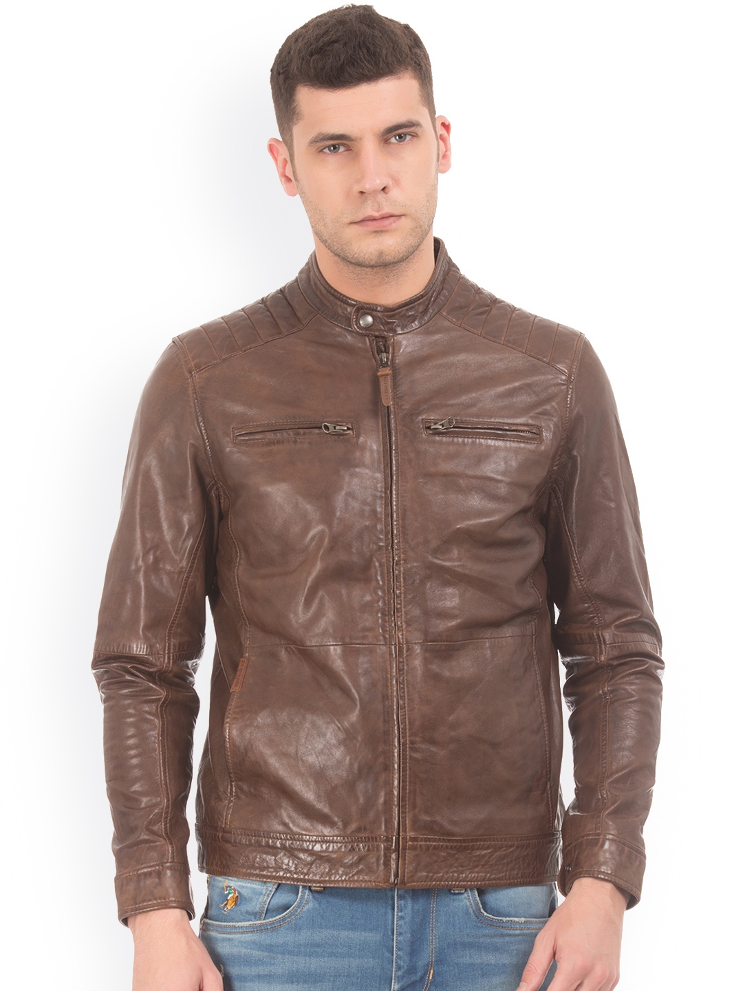 Buy U.S. Polo Assn. Denim Co. Men Brown Solid Leather Biker Jacket Jackets for Men 6708932 Myntra