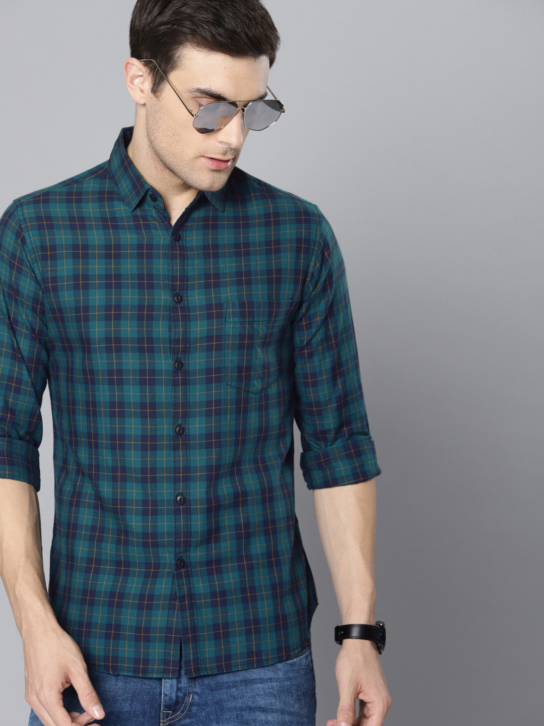 Dennis Lingo Men Teal Blue Slim Fit Checked Casual Shirt