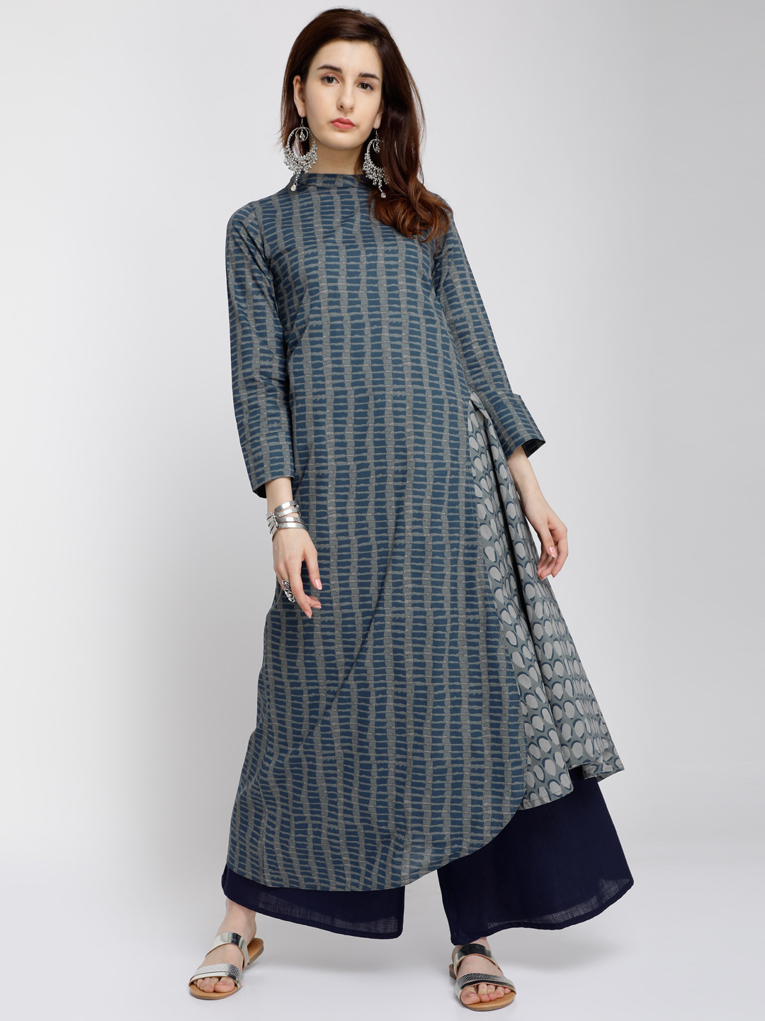 Vishudh Women Navy Blue & Grey Printed Asymmetric A-Line Kurta