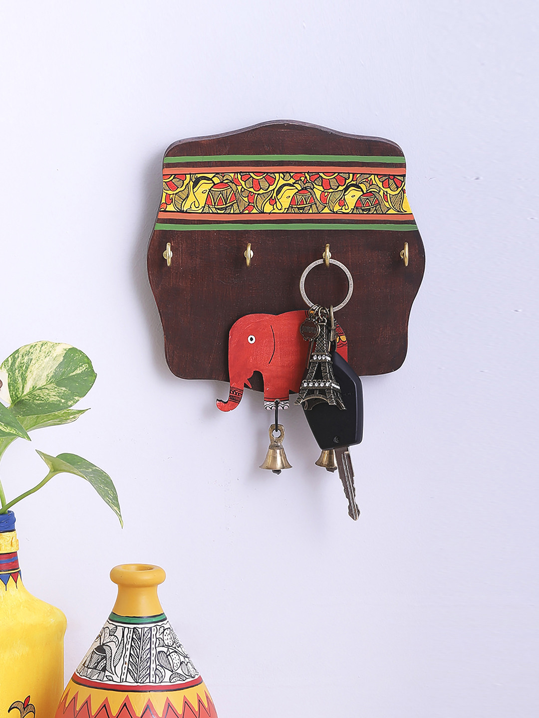 VarEesha Brown Elephant Wooden Madhubani Key Holder with Four Hooks