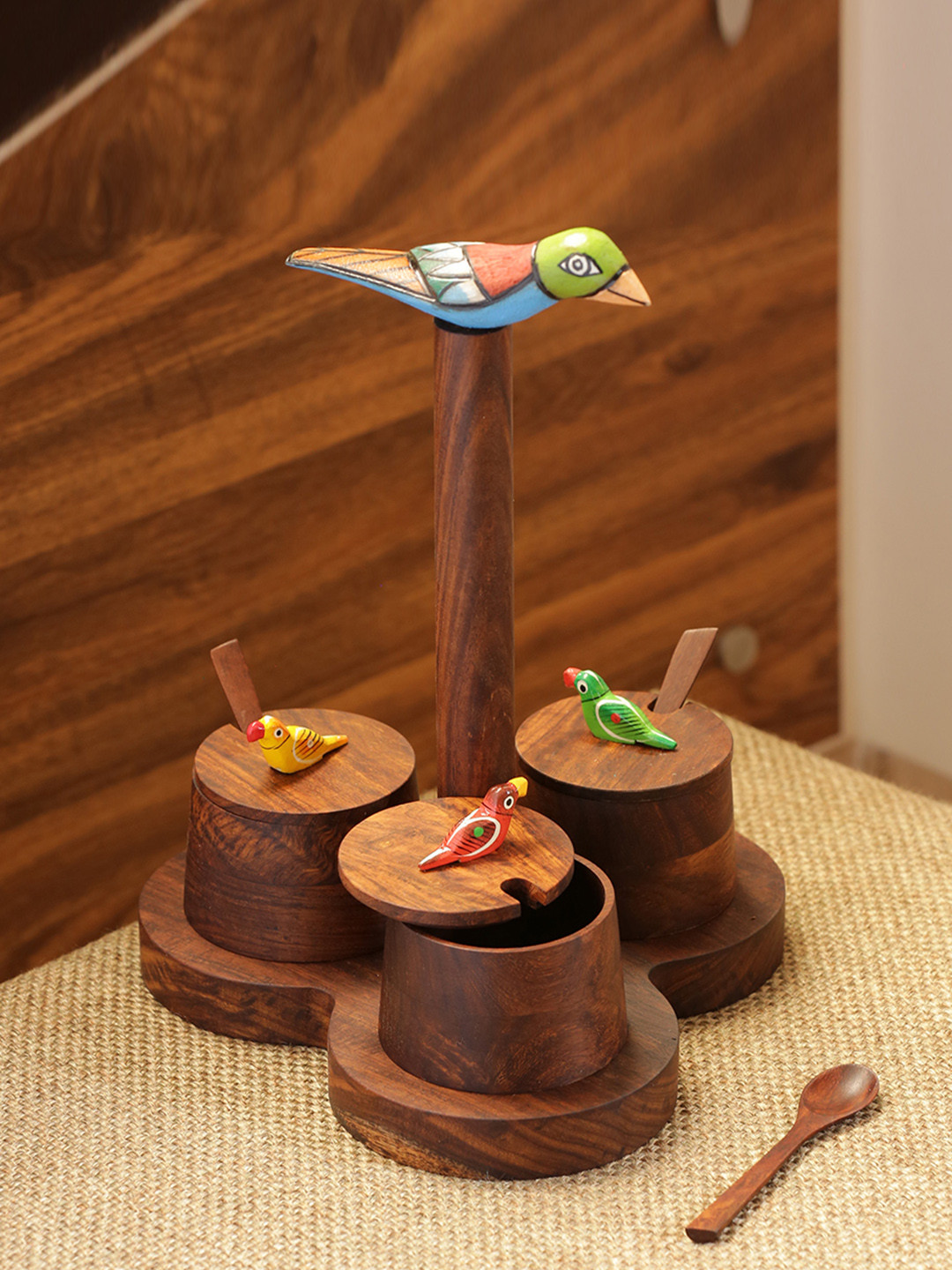 Exclusivelane Chirping Birds Brown Wood Hand-Painted Clip-On Canister