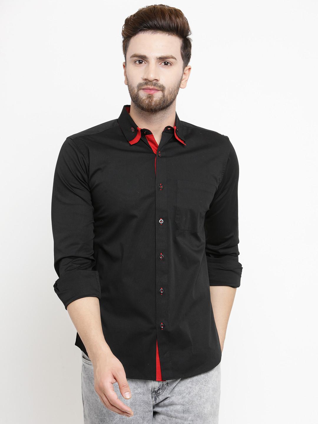 Purple State Men Black Slim Fit Solid Casual Shirt