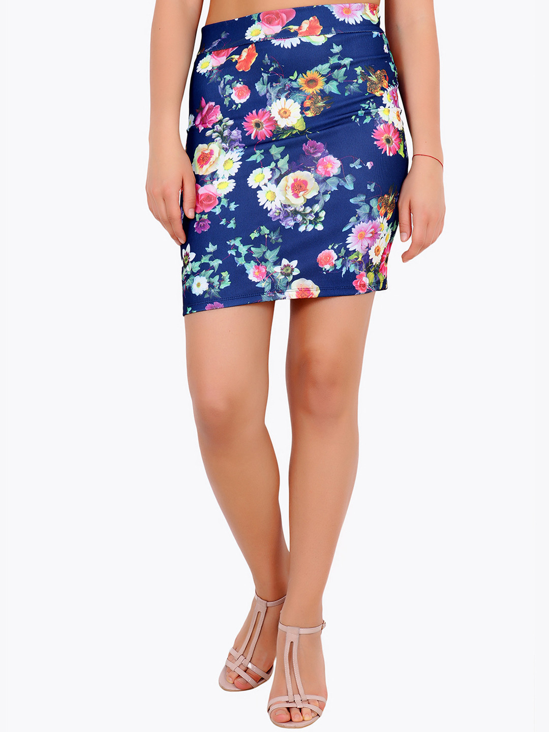 Cation Women Blue Floral Print Pencil Mini Skirt