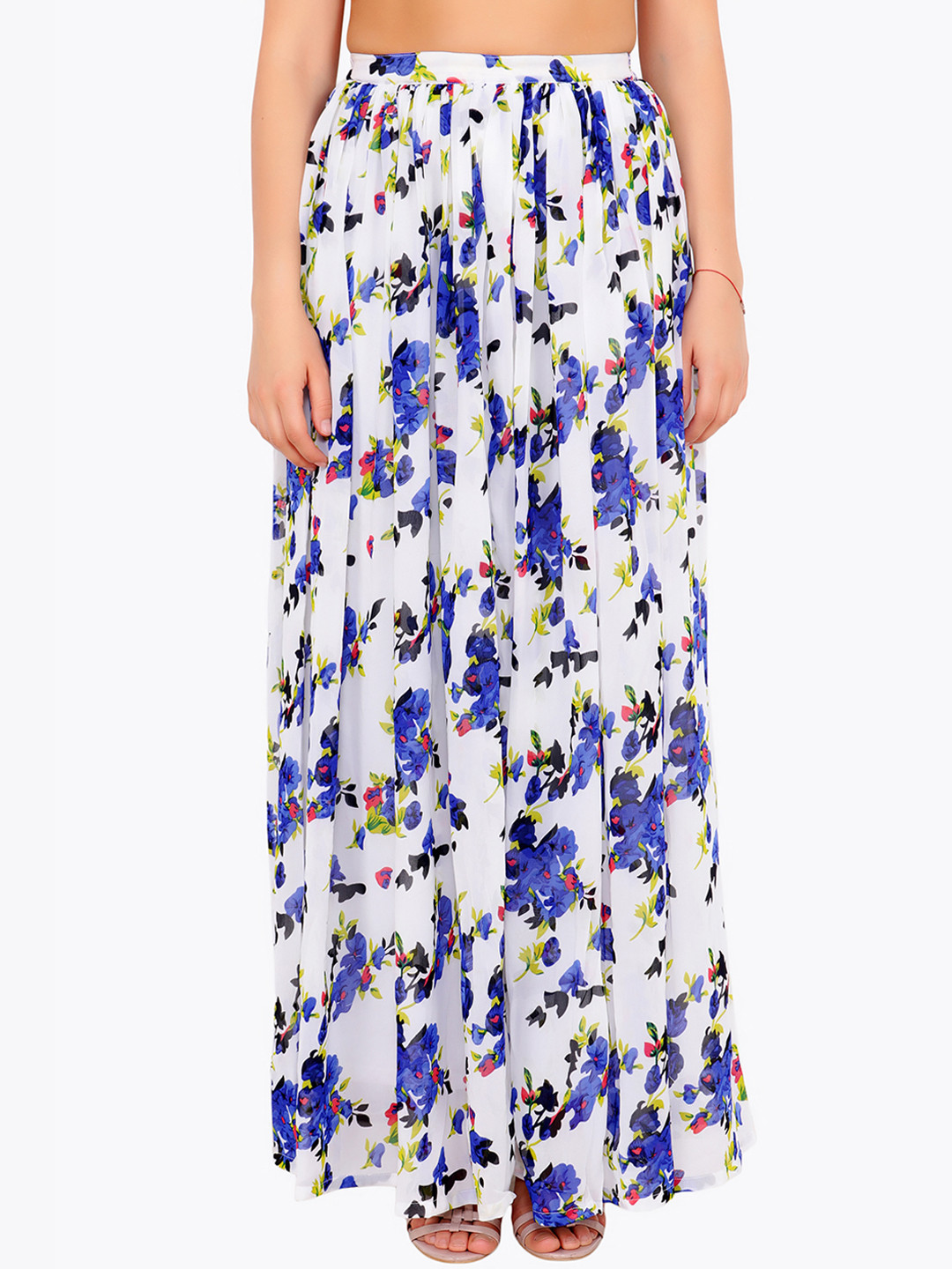 Cation Women White & Blue Floral Print Flared Maxi Skirt