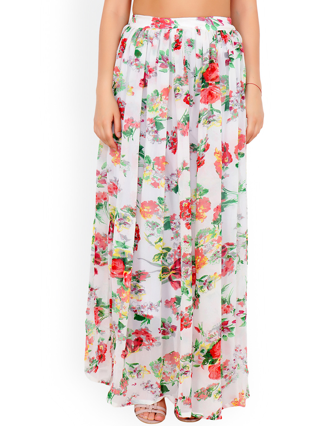 Cation Women White & Red Floral Print Flared Maxi Skirt