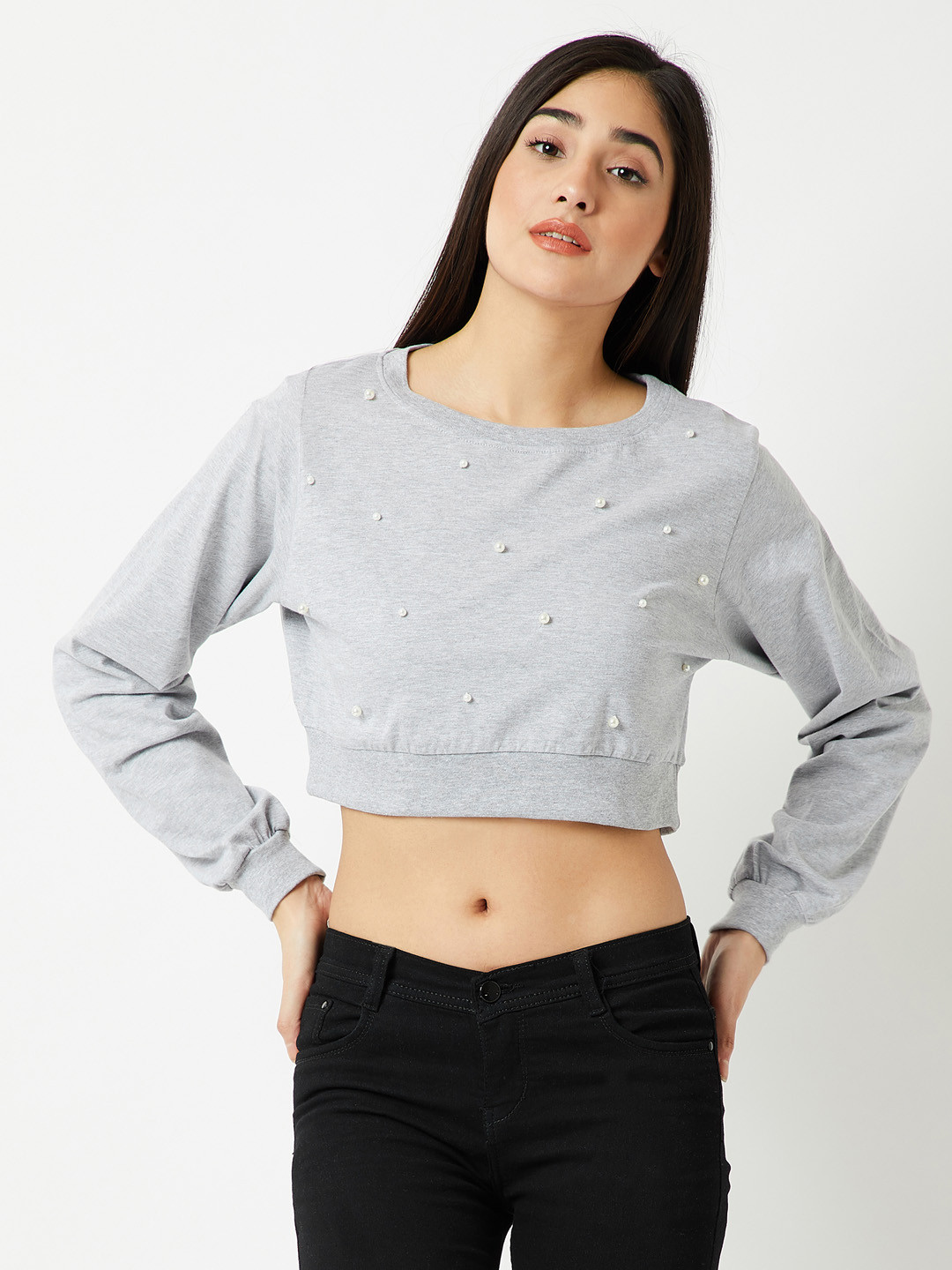 Miss Chase Women Grey Embellished Boxy Crop Pure Cotton Top