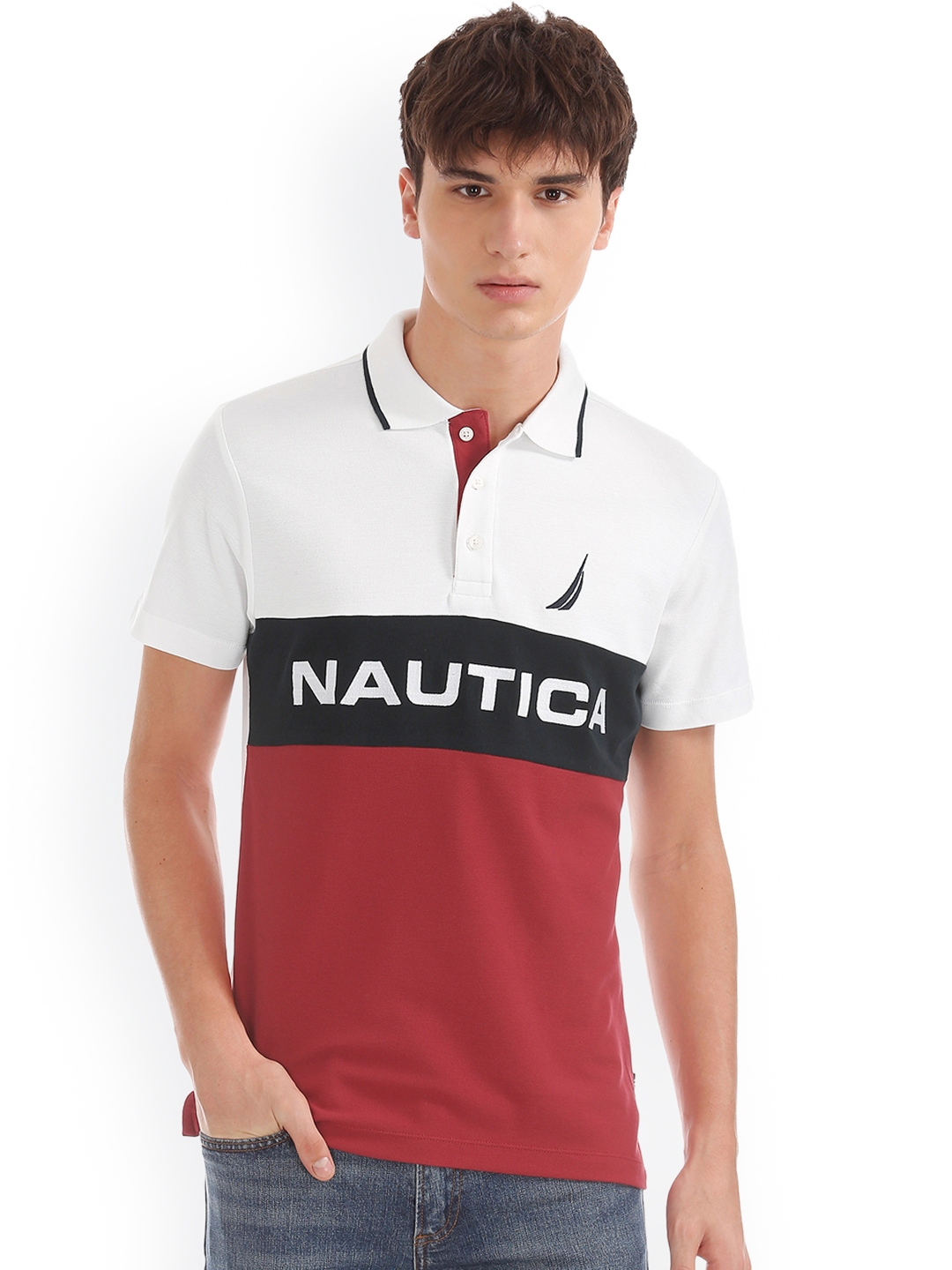 Nautica Men Red Printed Polo Collar T shirt