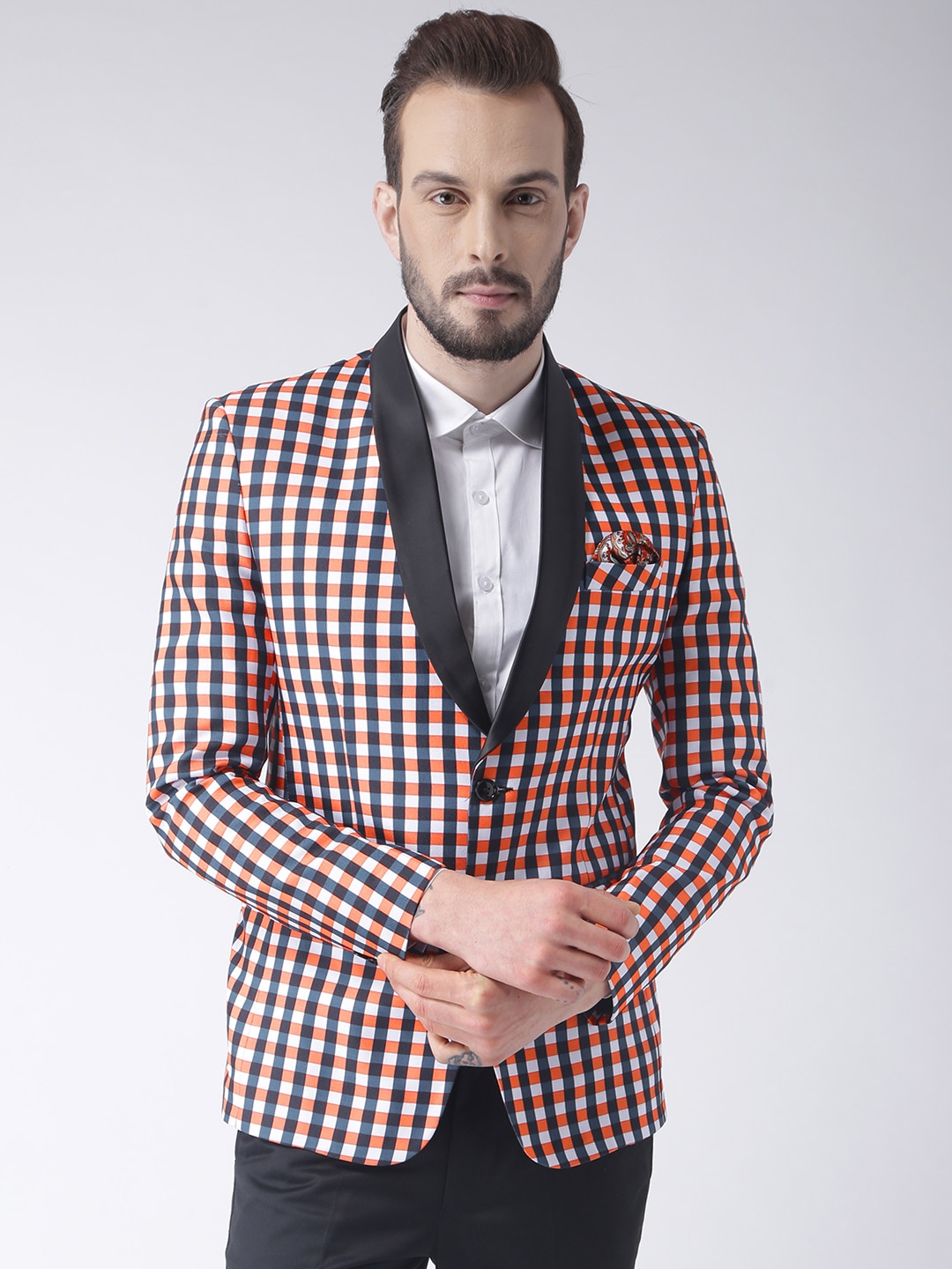 Buy Hangup Men Orange Black White Checked Single Breasted Blazer