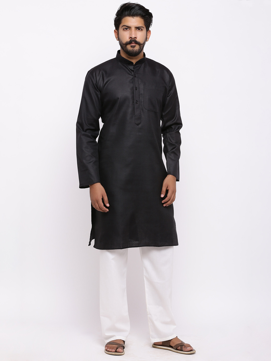Nation Polo Club Men Black & White Solid Kurta with Pyjamas