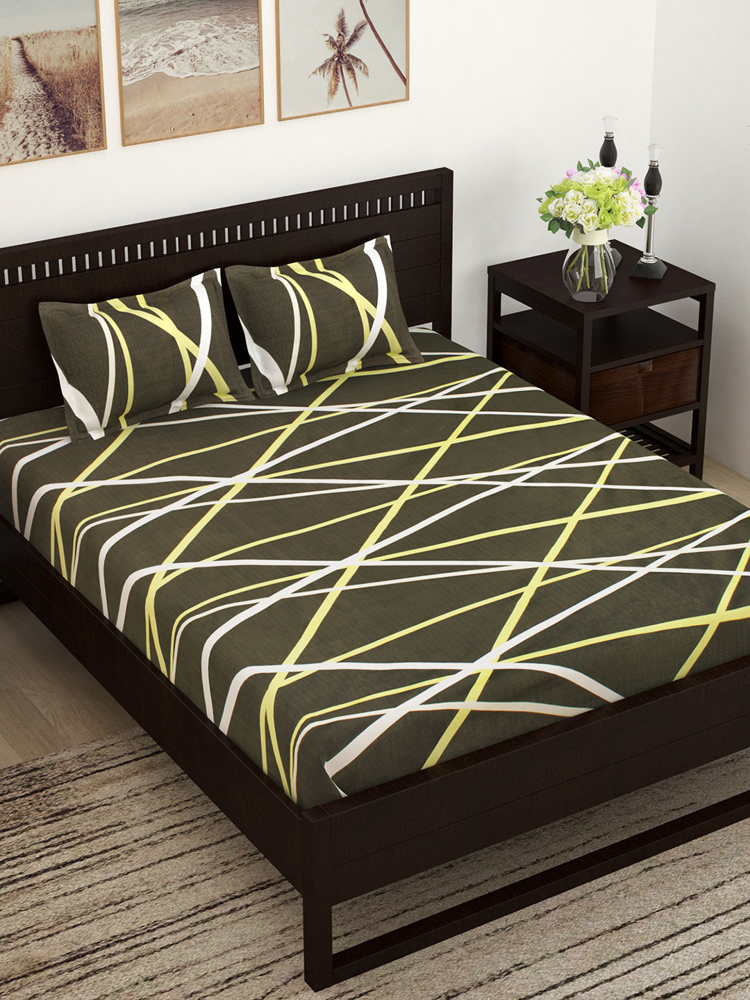 Story@home Charcoal Grey & Yellow Flat 144 TC Cotton Queen Bedsheet with 2 Pillow Covers