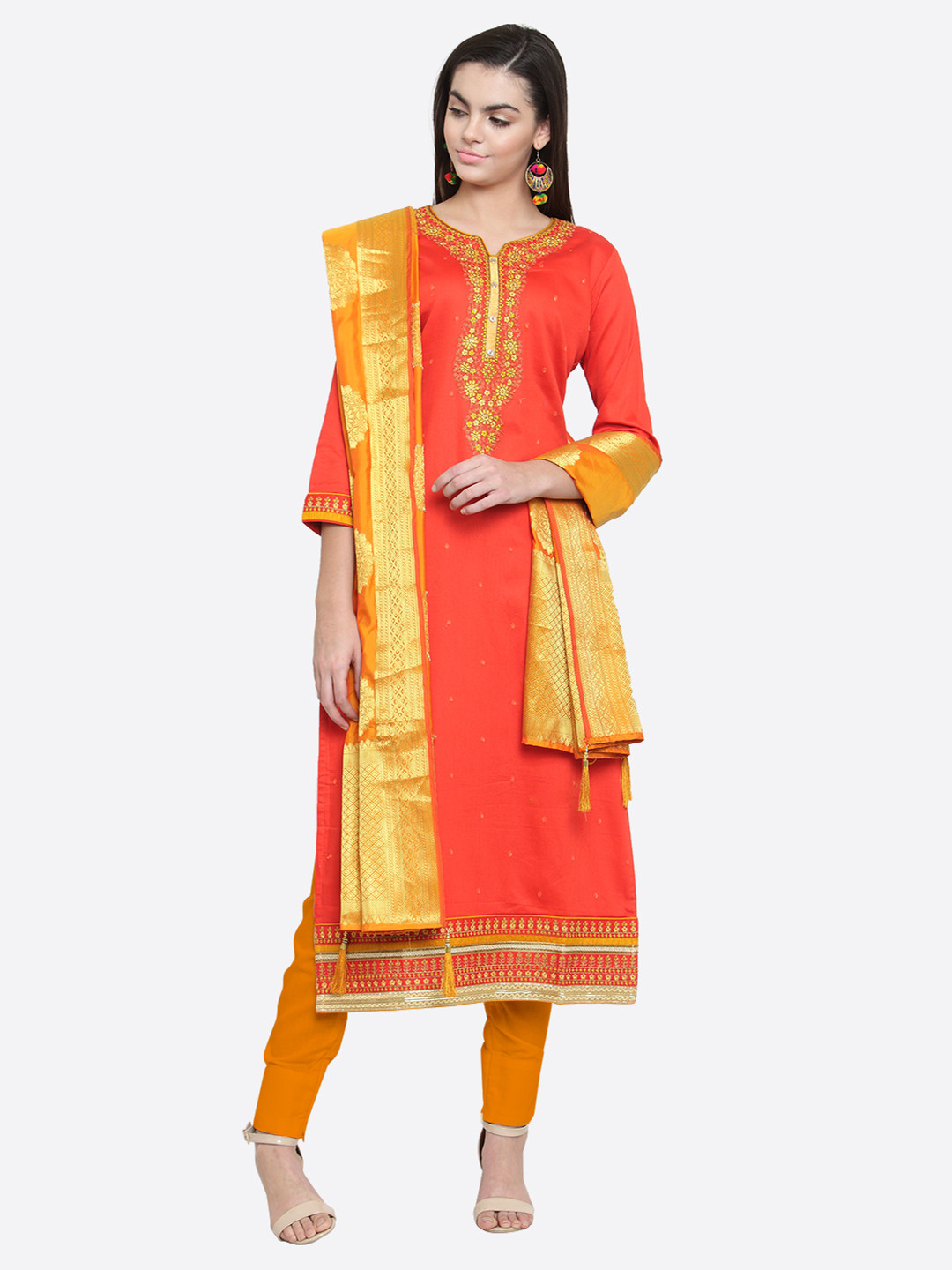Kvsfab Rust Pink & Mustard Yellow Cotton Blend Unstitched Dress Material