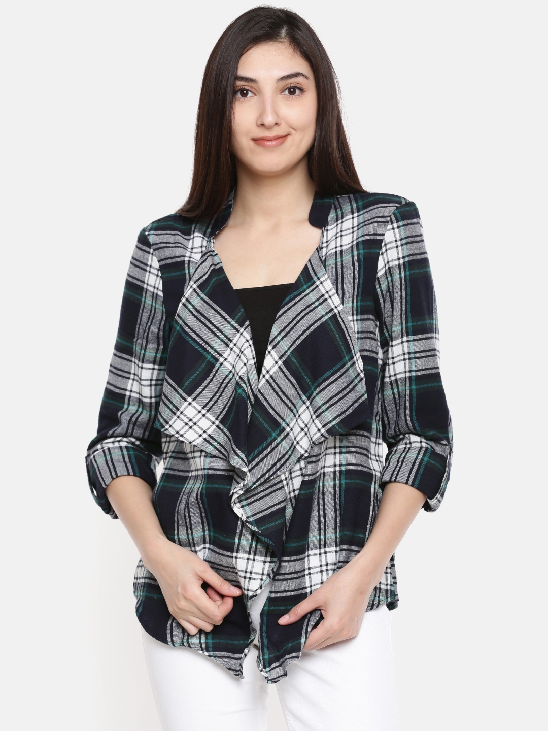 Vero Moda Women Navy Green Checked Shrug