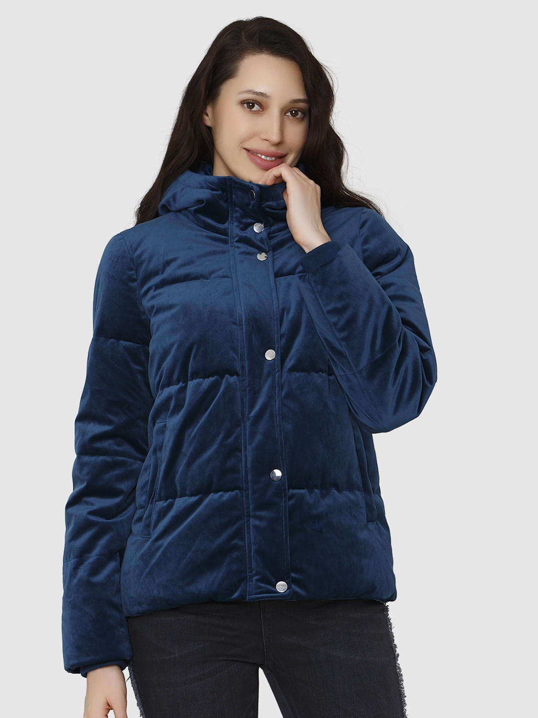 Moda Blue Solid Puffer Jacket Jackets for Women 6793372 | Myntra