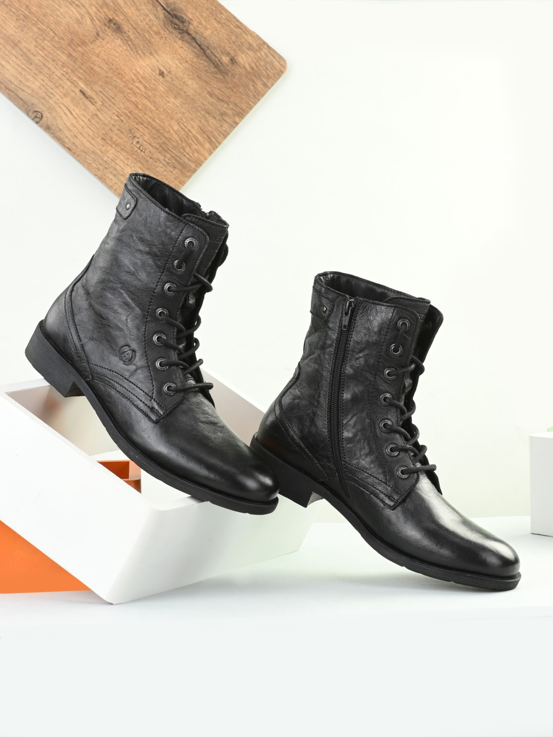 Alberto Torresi Men Black Leather Flat Boots