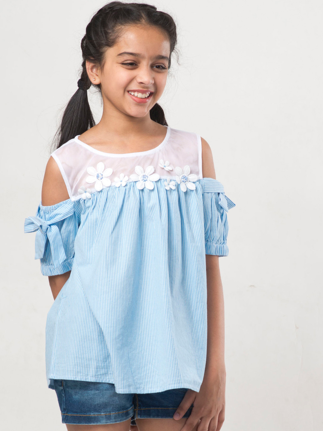 Natilene Girls Blue Striped Pure Cotton 